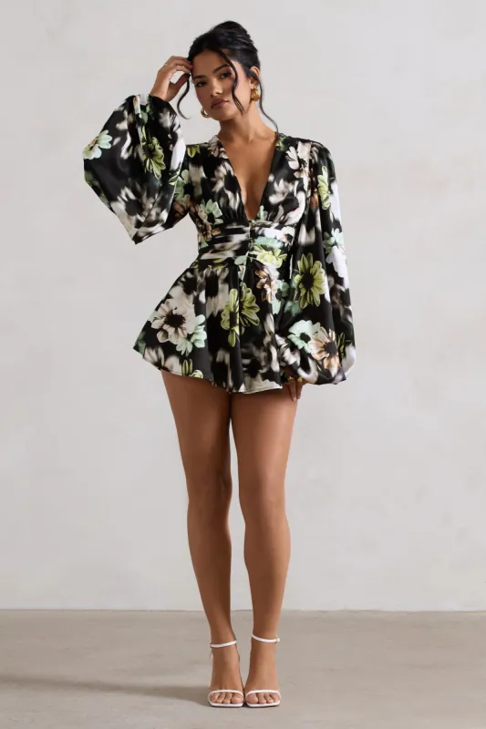 Katsura | Black Floral Print Satin Plunge-Neck Playsuit sold by Club L London