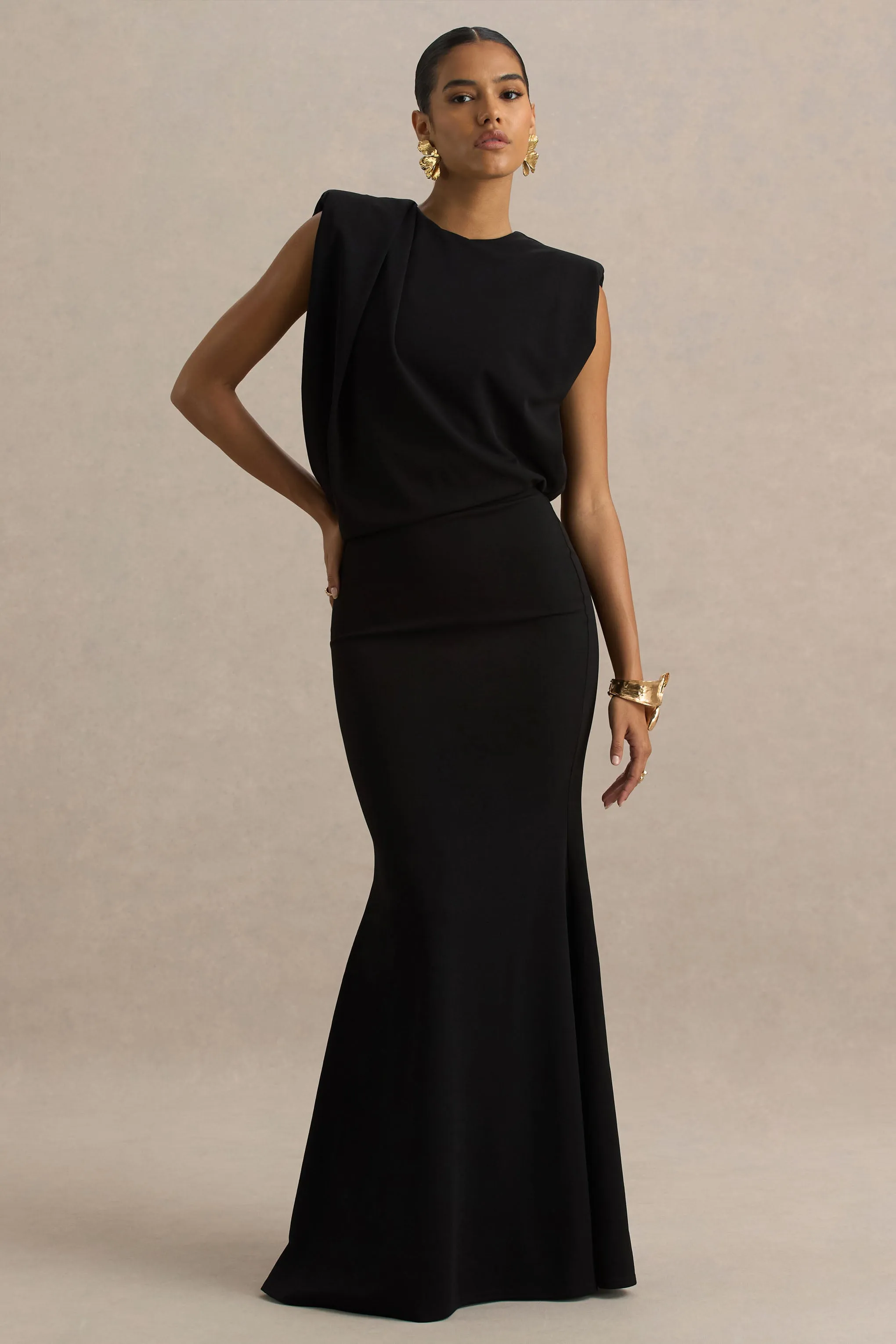 Meave | Black High Neck Maxi Dress With Draping Detail sold by Club L London