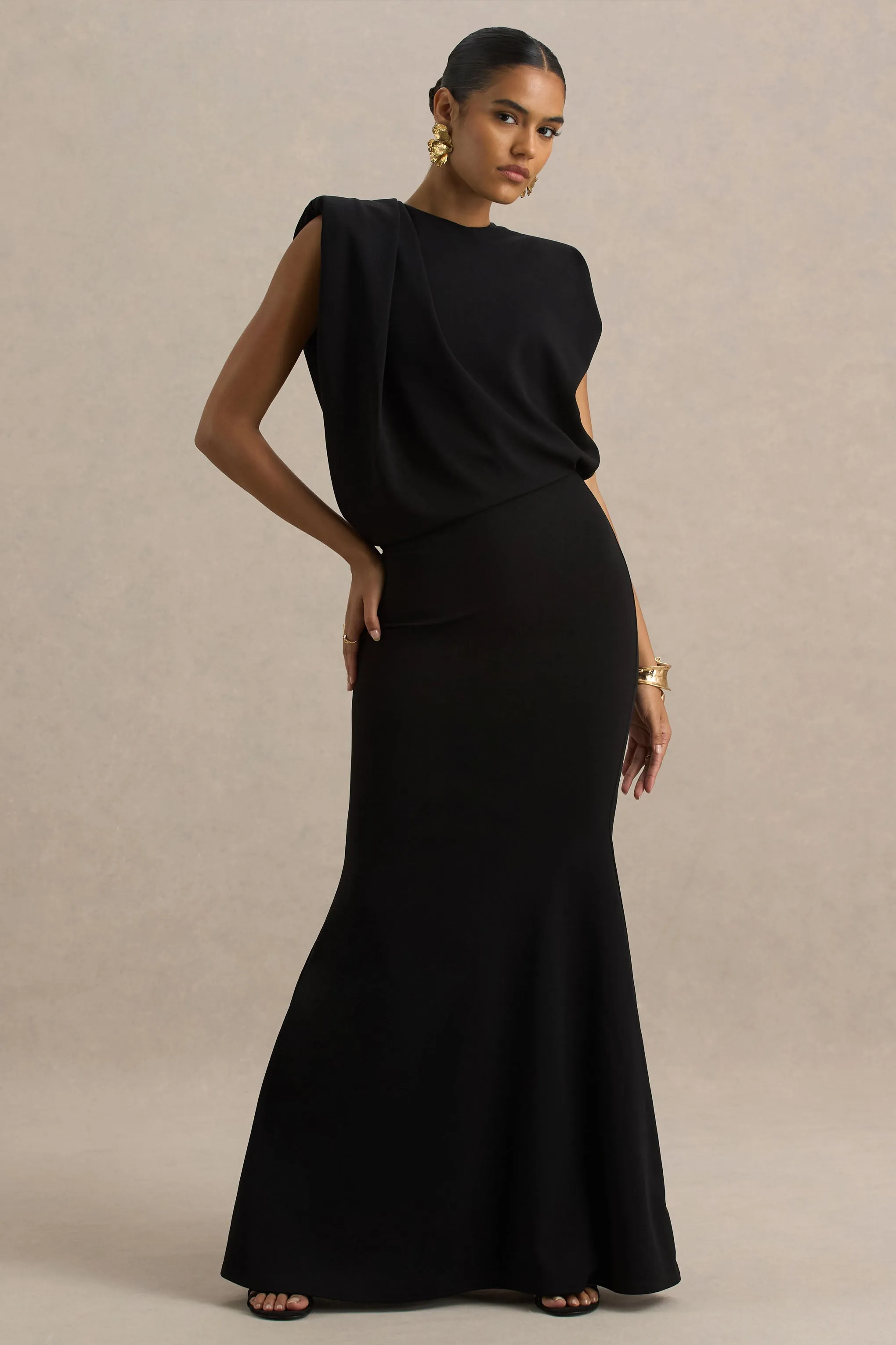 Meave | Black High Neck Maxi Dress With Draping Detail sold by Club L London product image thumbnail 4