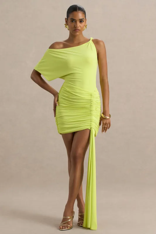 Marci | Lime Green Asymmetric Ruched Mini Dress With Sash sold by Club L London
