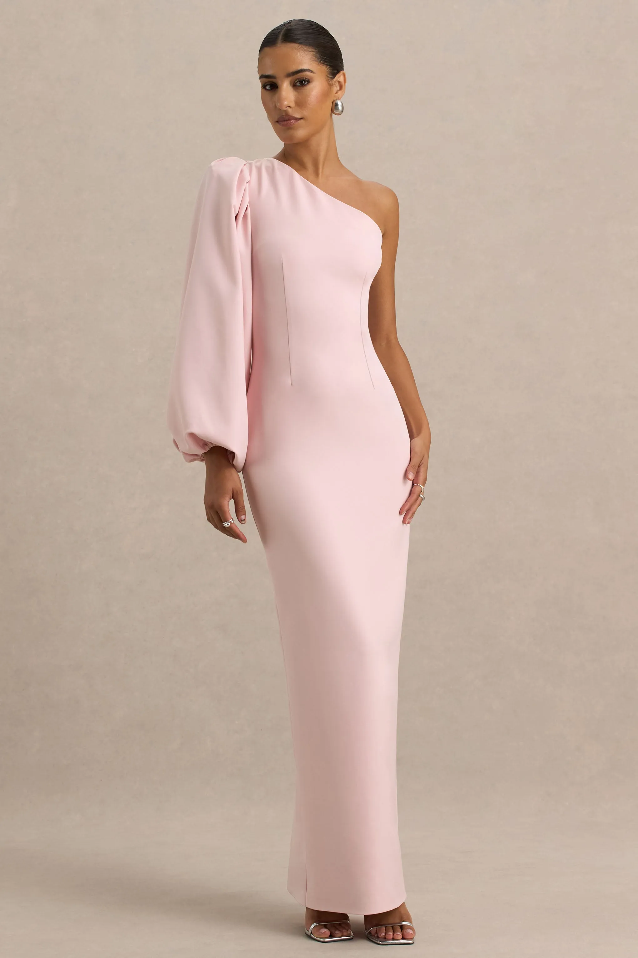 Kellis | Pink Asymmetric Maxi Dress With Balloon Sleeve sold by Club L London