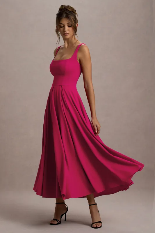 Parina | Hot Pink Strappy Volume-Hem Midi Dress sold by Club L London
