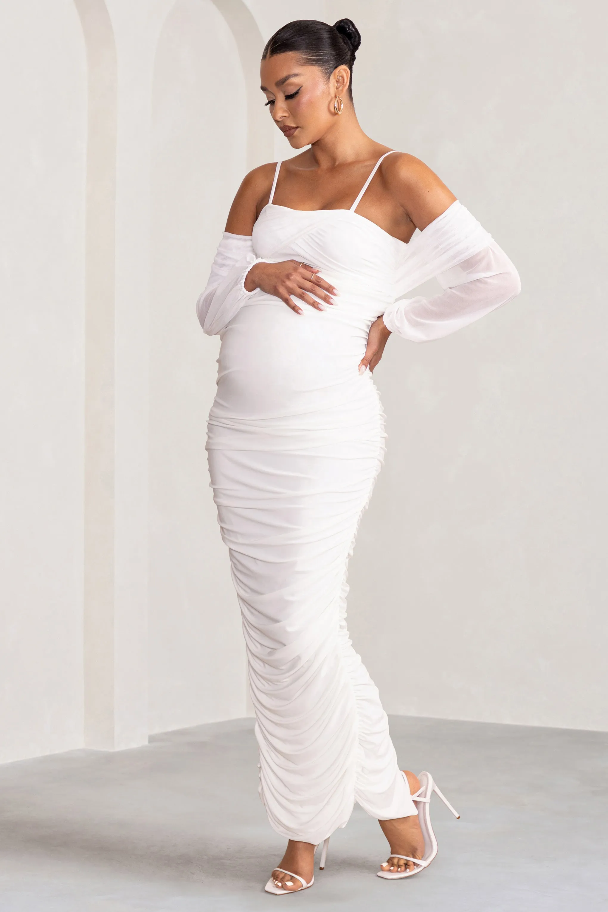 Announcement | White Maternity Ruched Mesh Maxi Dress sold by Club L London product image thumbnail 4