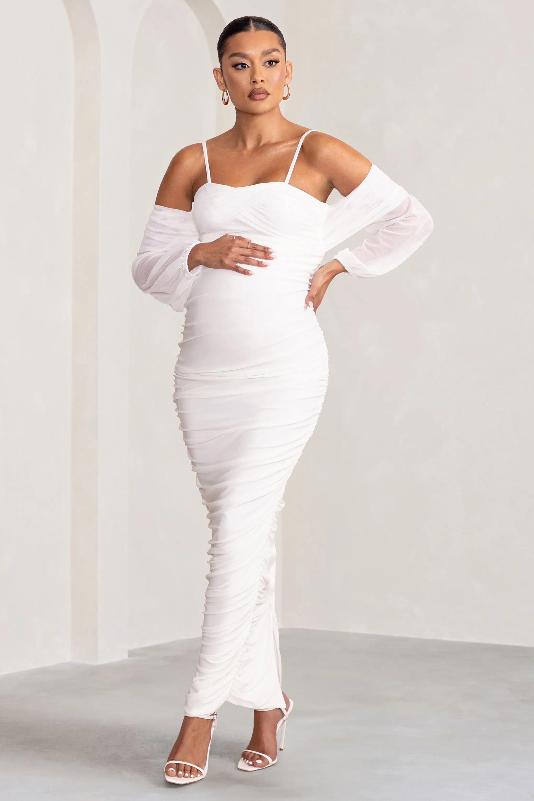 Announcement | White Maternity Ruched Mesh Maxi Dress sold by Club L London