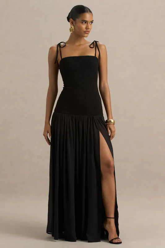 Maeva | Black Square-Neck Fishtail Maxi Dress With Ruched Detailing sold by Club L London
