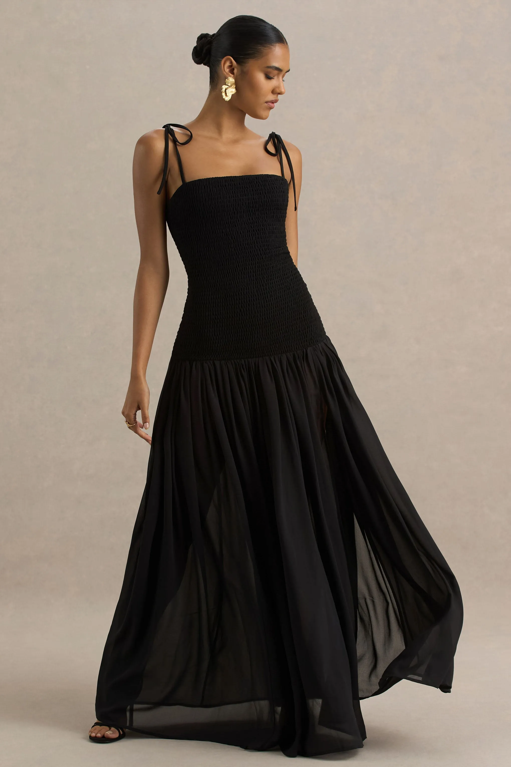 Maeva | Black Square-Neck Fishtail Maxi Dress With Ruched Detailing sold by Club L London product image thumbnail 4