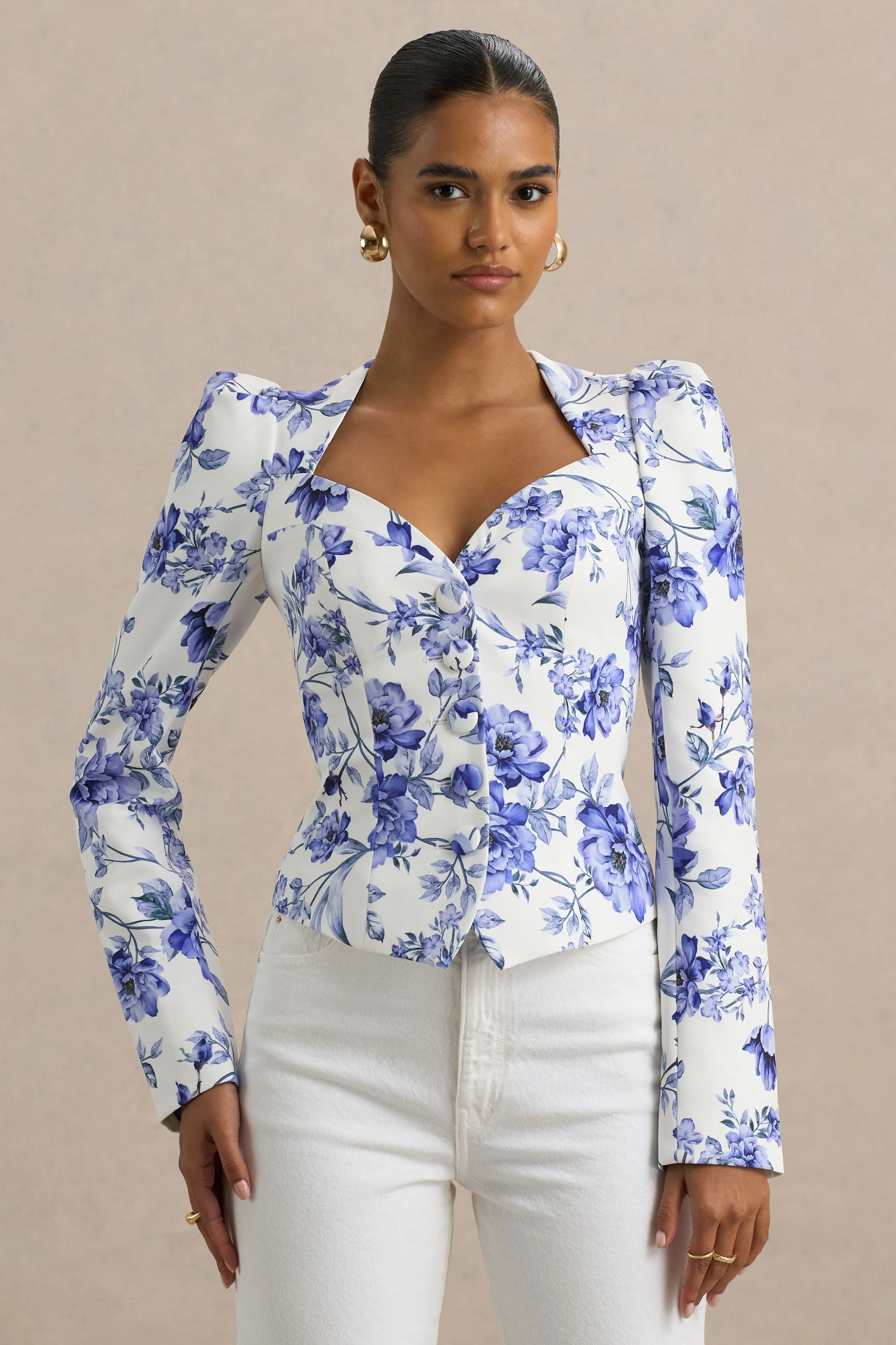 Olympia | Blue Floral Print Sweetheart-Neck Tailored Top sold by Club L London product image thumbnail 3
