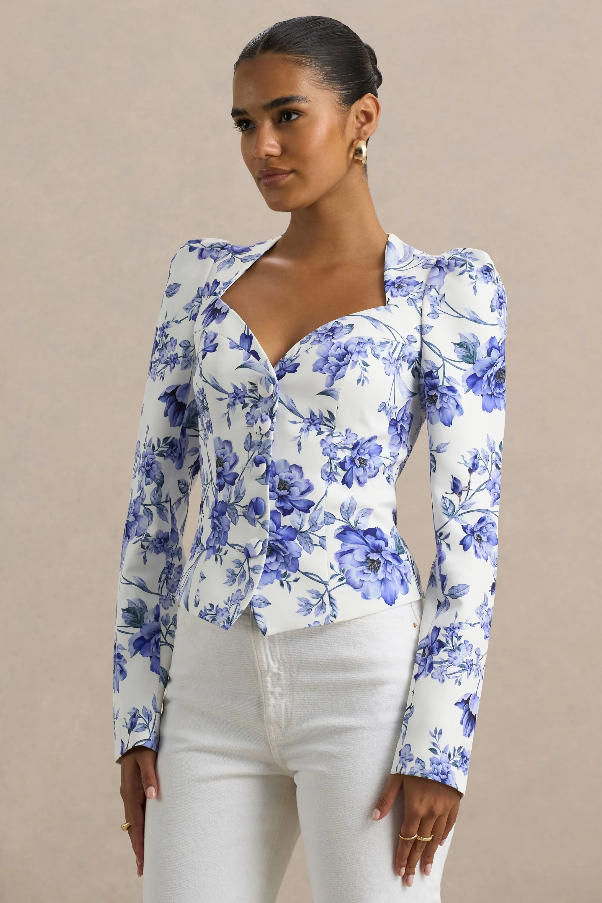 Olympia | Blue Floral Print Sweetheart-Neck Tailored Top sold by Club L London product image thumbnail 4