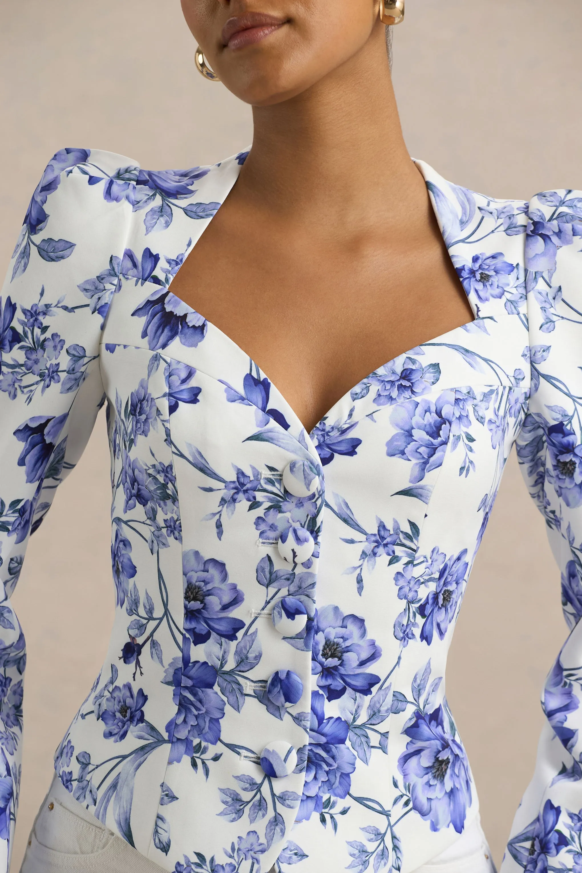 Olympia | Blue Floral Print Sweetheart-Neck Tailored Top sold by Club L London product image thumbnail 5