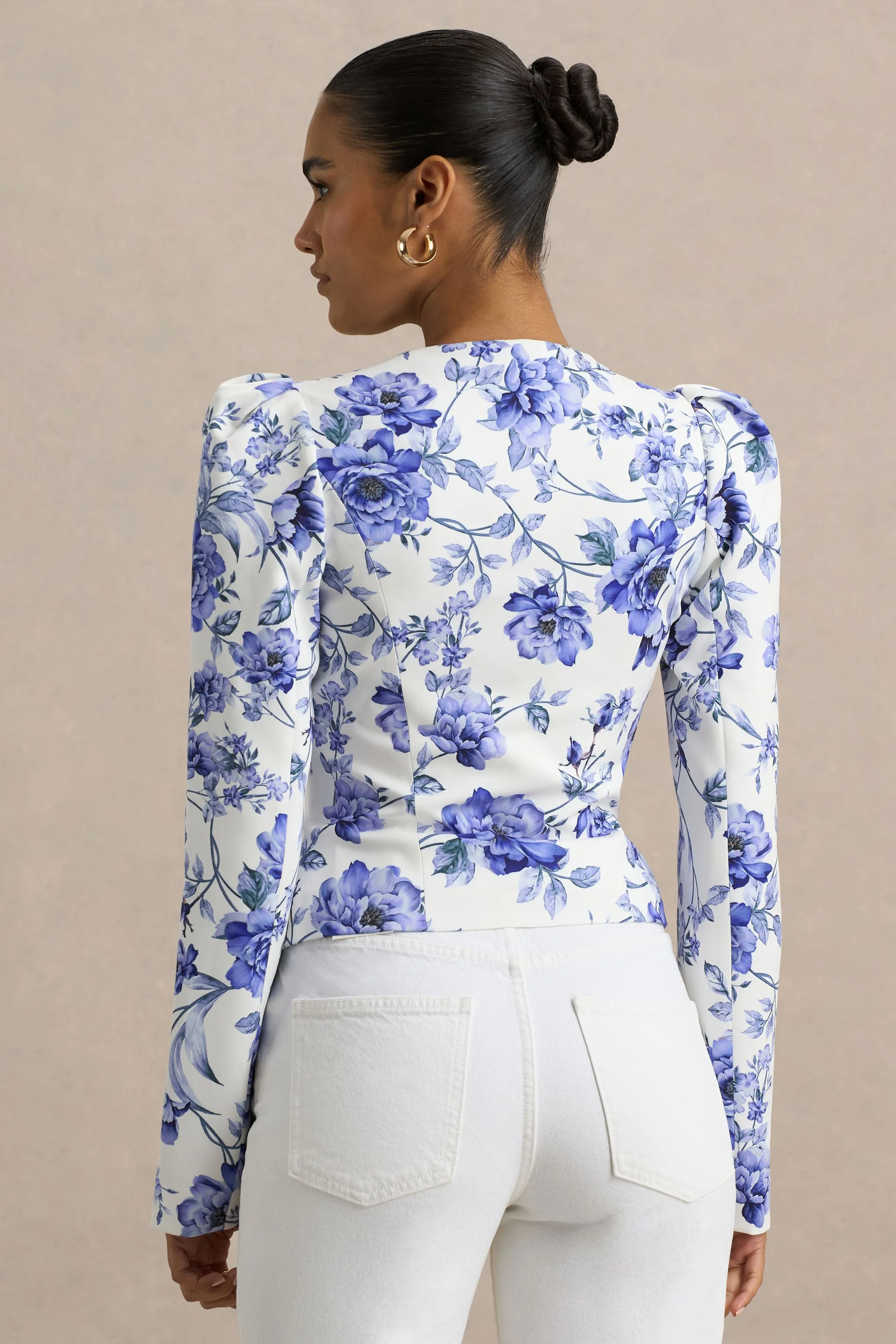 Olympia | Blue Floral Print Sweetheart-Neck Tailored Top sold by Club L London product image thumbnail 2