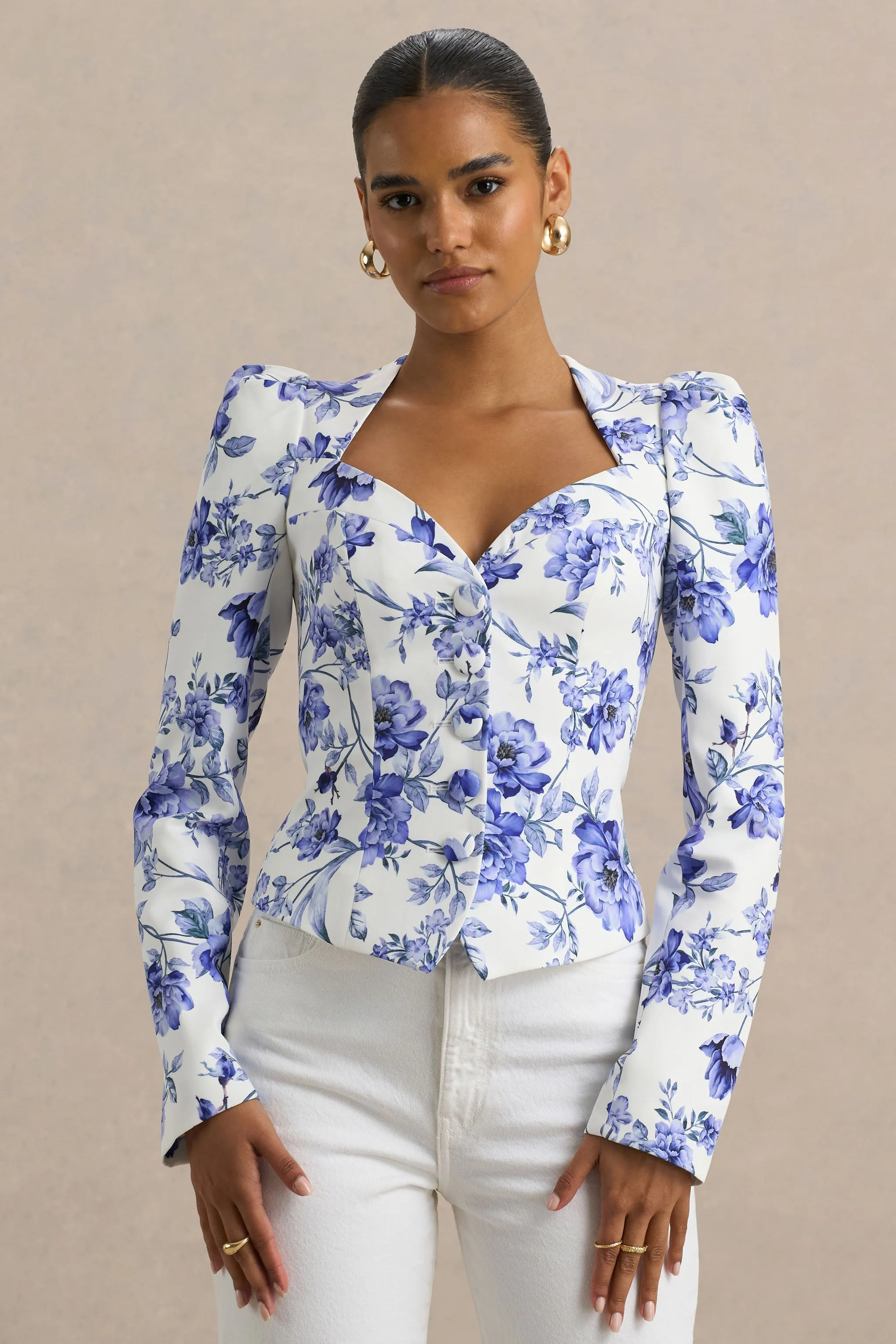 Olympia | Blue Floral Print Sweetheart-Neck Tailored Top sold by Club L London
