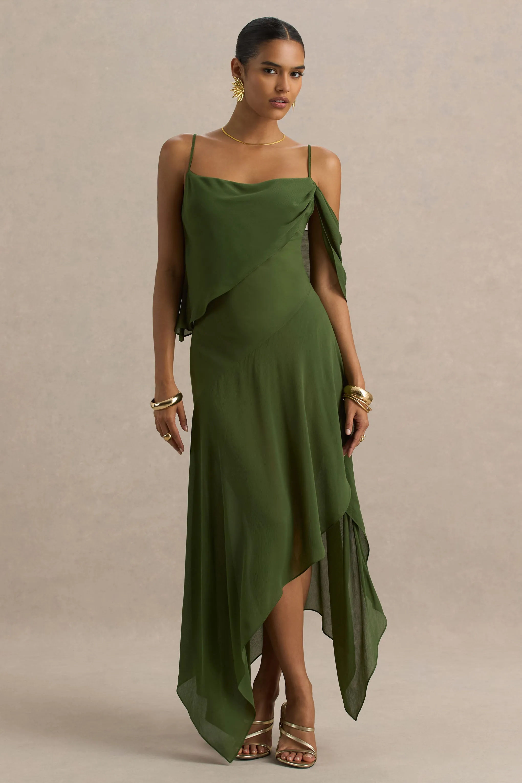 Tiara | Green Asymmetric Midi Dress With Draping Detailing and Open-Back sold by Club L London product image thumbnail 4