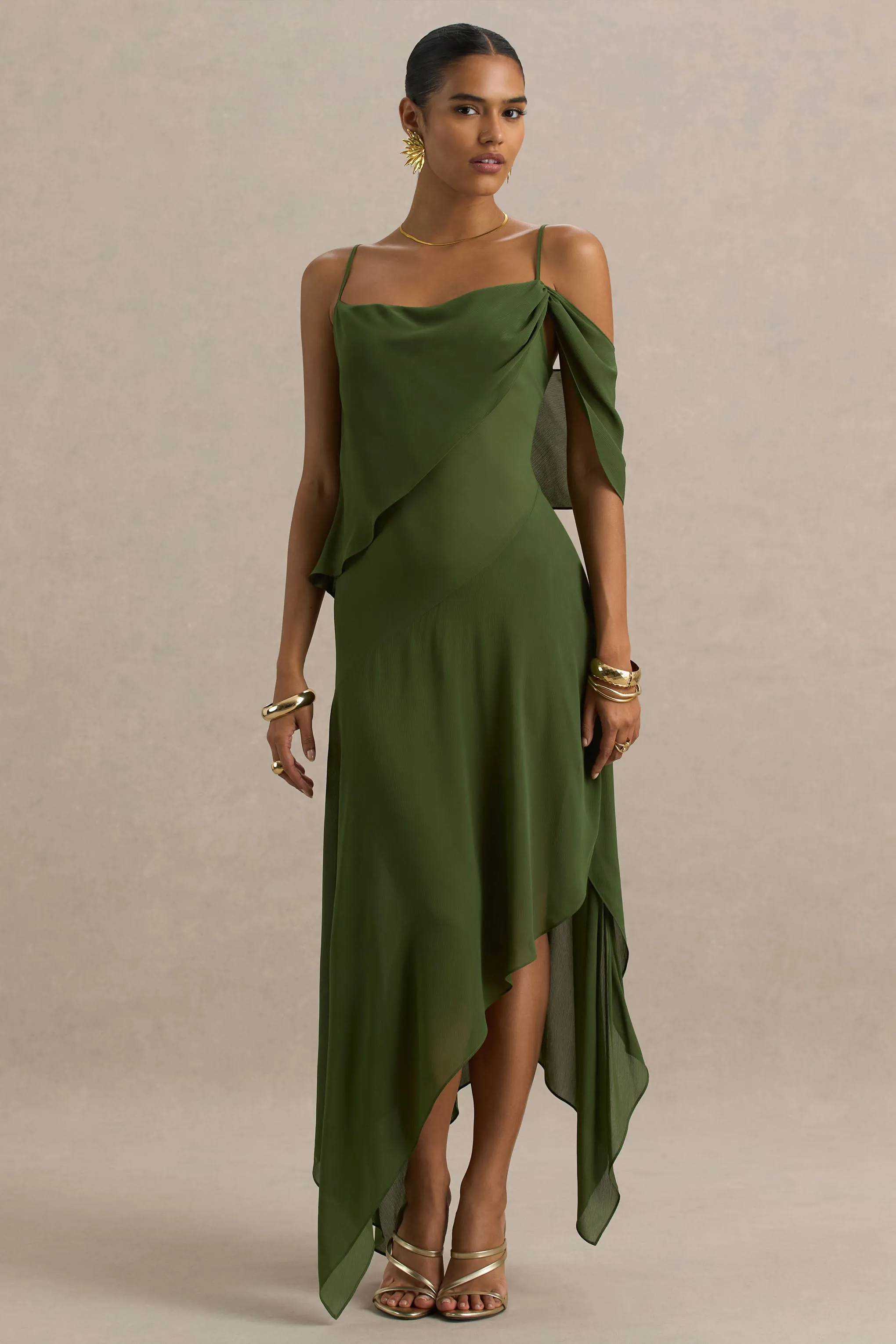 Tiara | Green Asymmetric Midi Dress With Draping Detailing and Open-Back sold by Club L London product image thumbnail 3