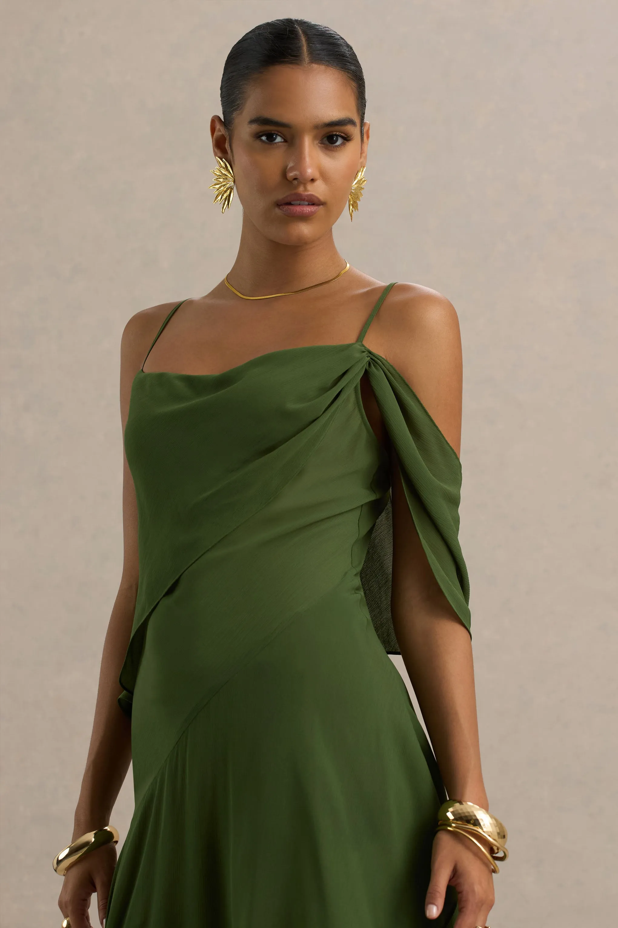 Tiara | Green Asymmetric Midi Dress With Draping Detailing and Open-Back sold by Club L London product image thumbnail 5