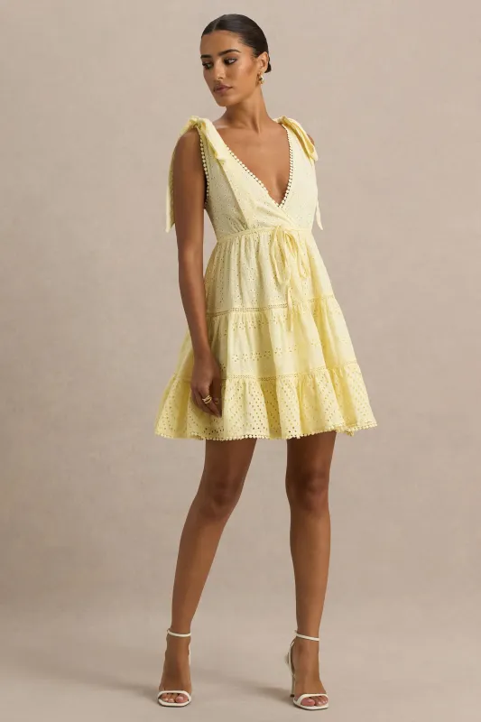 Corrina | Lemon Broderie Plunge-Neck Mini Dress sold by Club L London