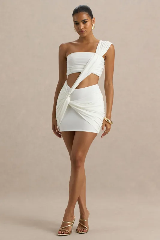 Wilma | White Asymmetric Micro-Mini Dress With Open-Back And Cut-Out Detail sold by Club L London