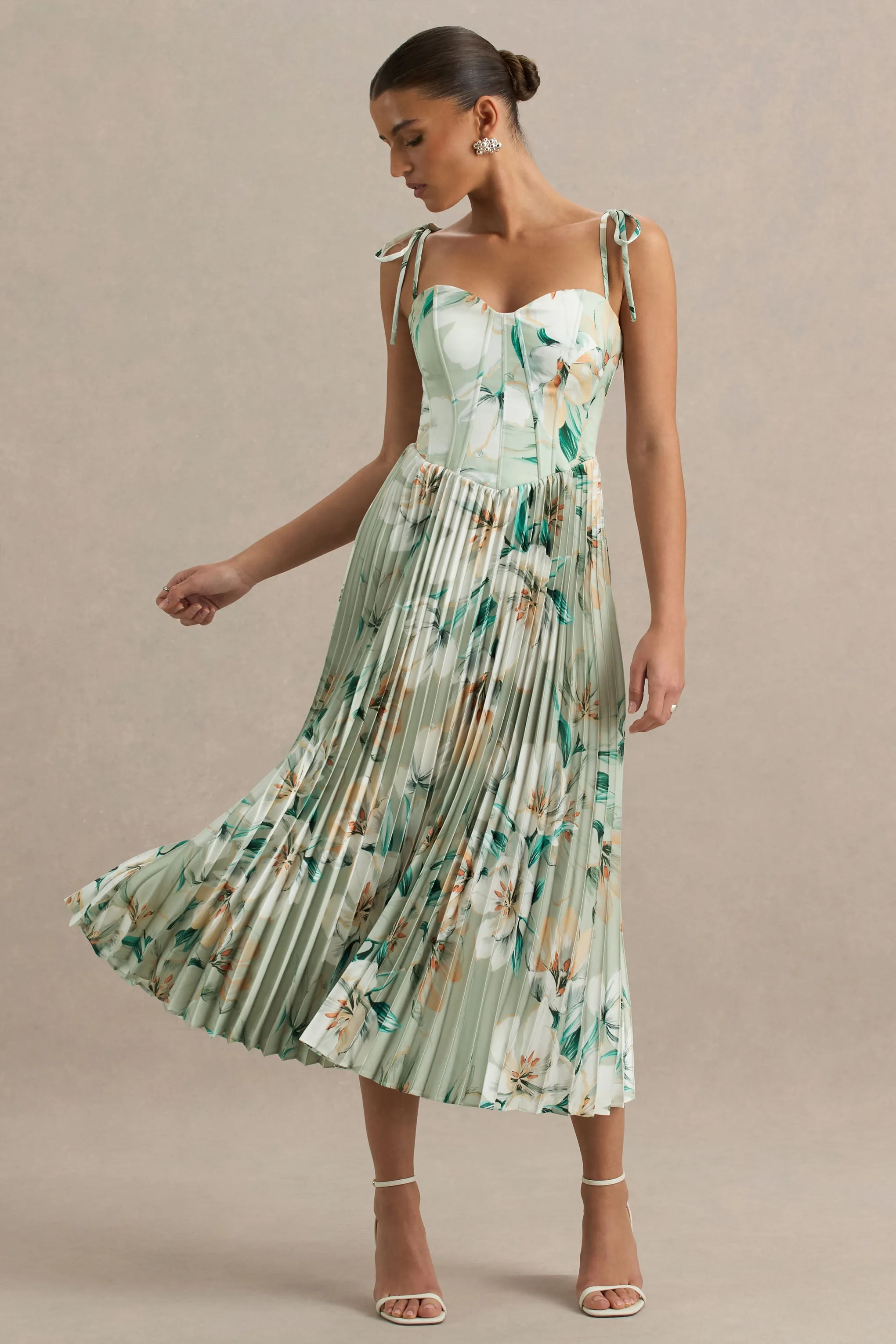 Peyton | Green Floral Print Satin Sweetheart-Neck Midi Dress With Pleated Details sold by Club L London product image thumbnail 4