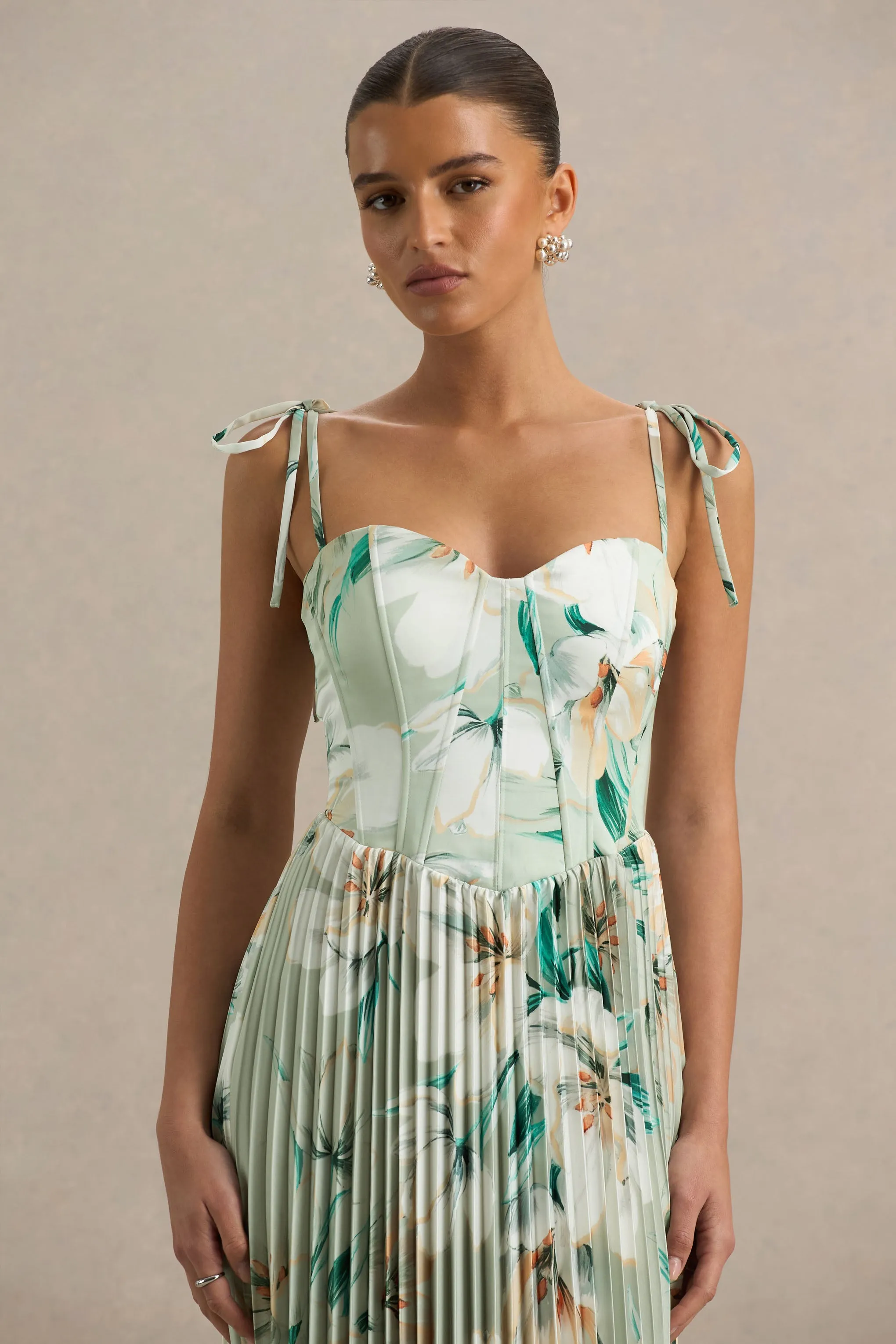Peyton | Green Floral Print Satin Sweetheart-Neck Midi Dress With Pleated Details sold by Club L London product image thumbnail 5