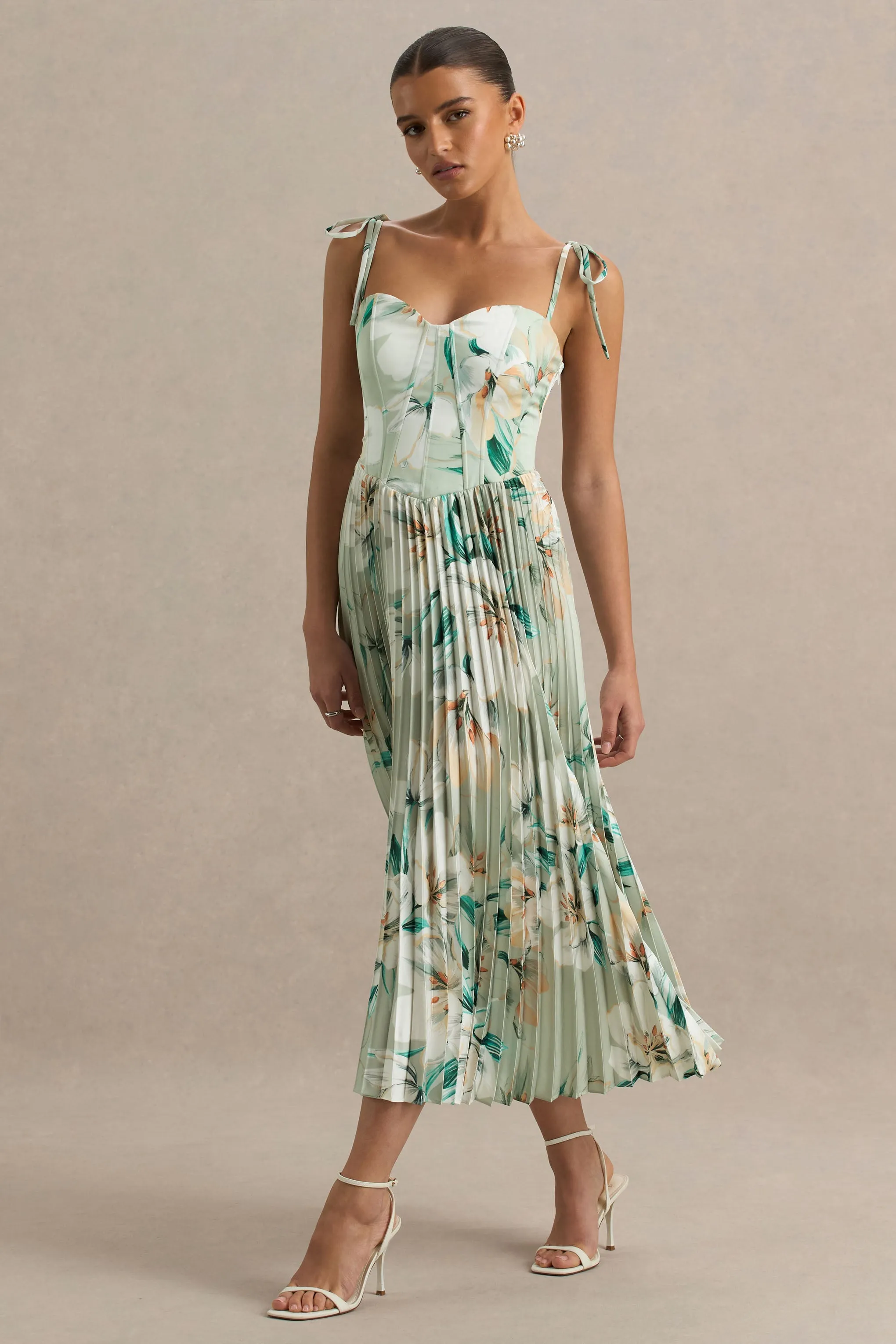 Peyton | Green Floral Print Satin Sweetheart-Neck Midi Dress With Pleated Details sold by Club L London product image thumbnail 3
