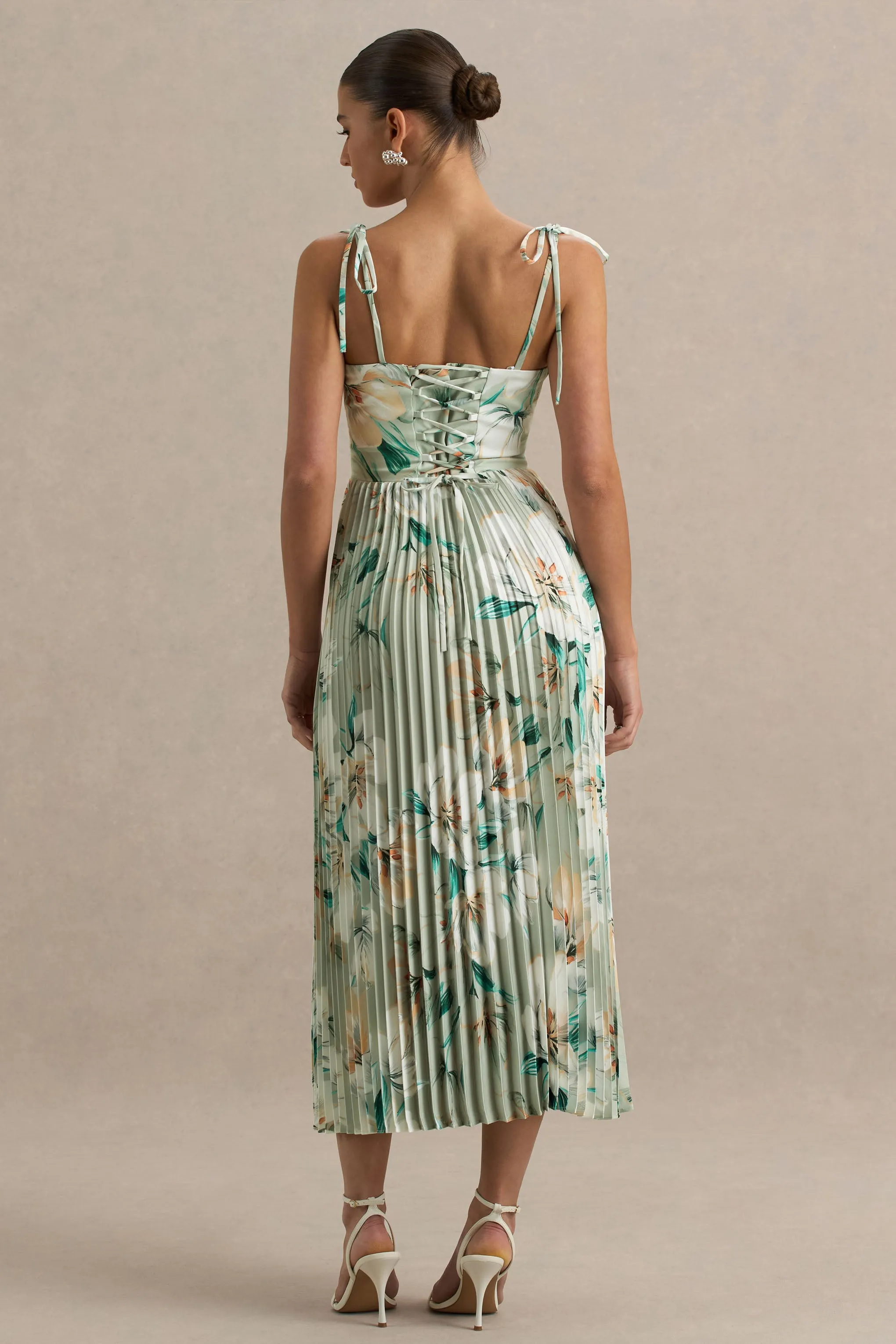 Peyton | Green Floral Print Satin Sweetheart-Neck Midi Dress With Pleated Details sold by Club L London product image thumbnail 2