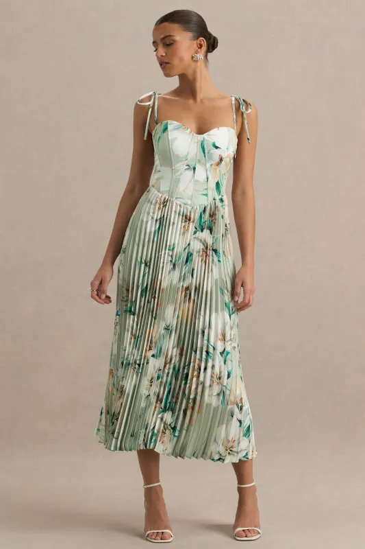 Peyton | Green Floral Print Satin Sweetheart-Neck Midi Dress With Pleated Details sold by Club L London