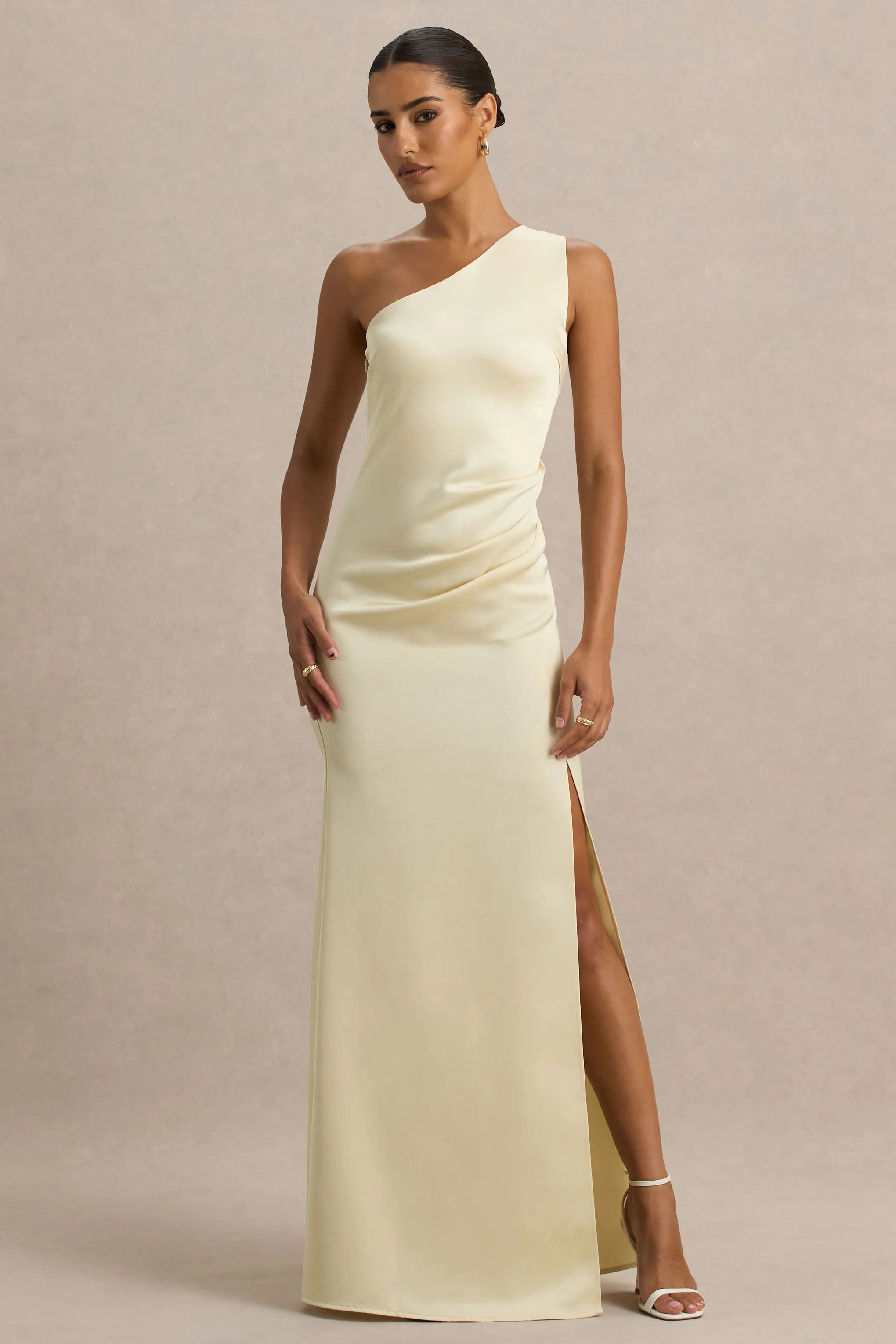 Beth | Lemon Asymmetric Neckline High-Split Maxi Dress sold by Club L London