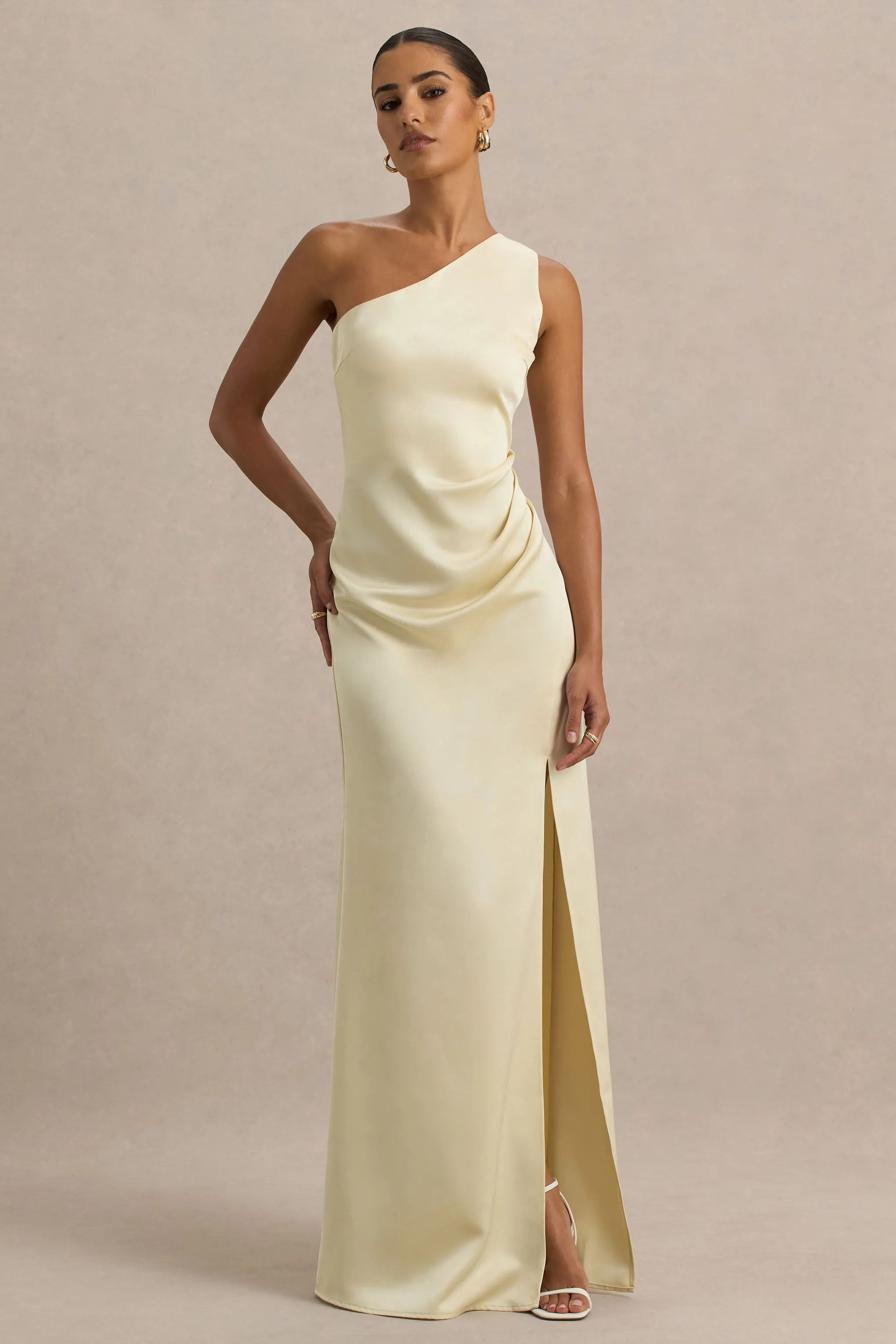Beth | Lemon Asymmetric Neckline High-Split Maxi Dress sold by Club L London product image thumbnail 4