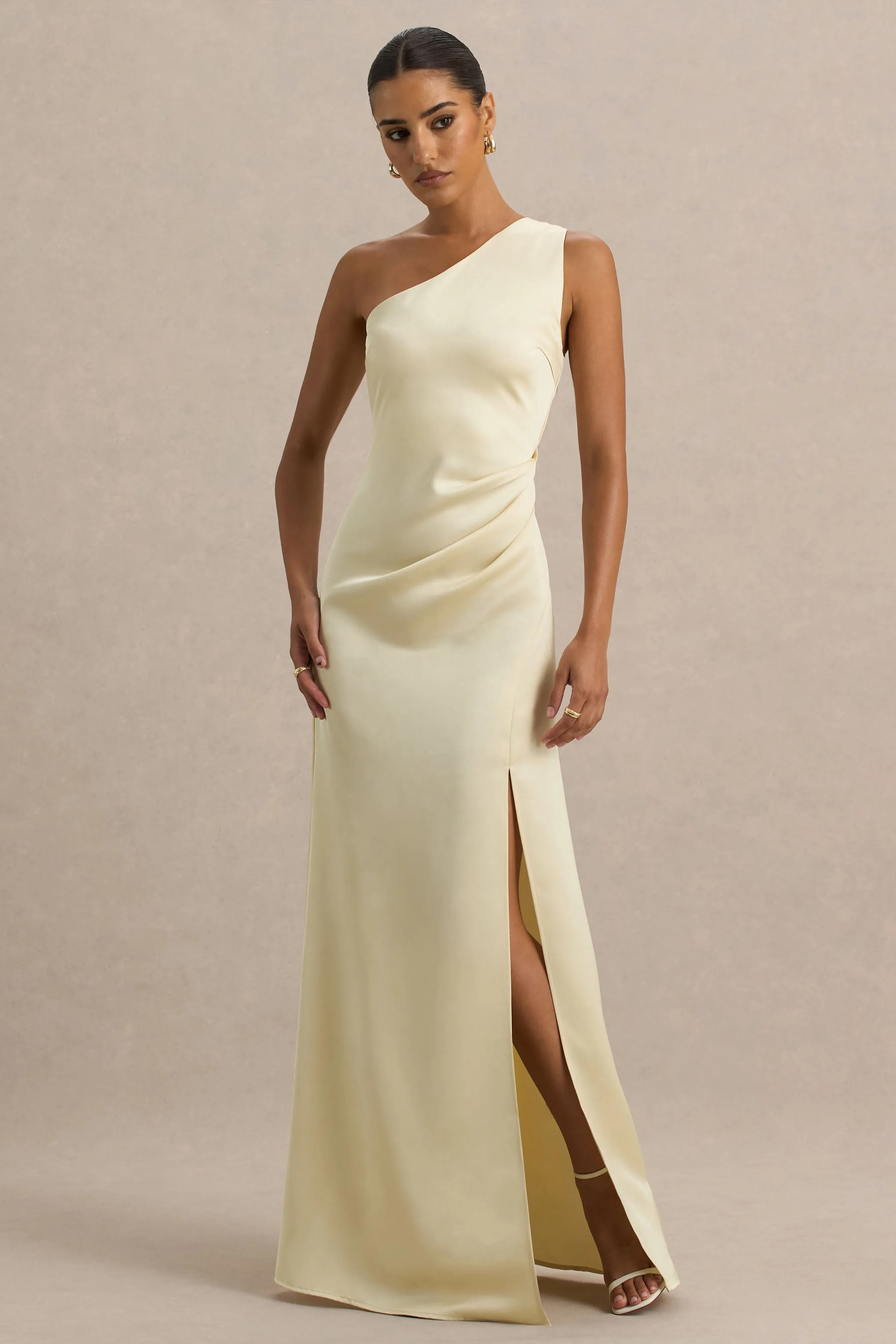 Beth | Lemon Asymmetric Neckline High-Split Maxi Dress sold by Club L London product image thumbnail 3