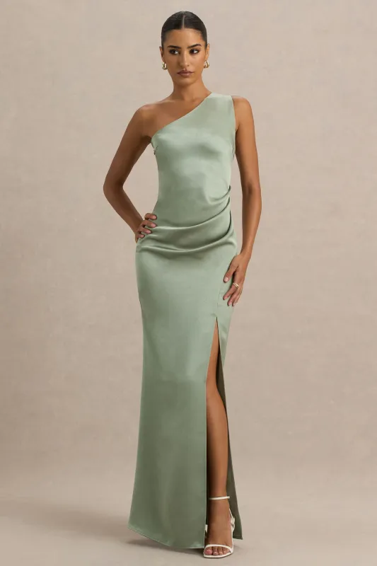 Beth | Sage Asymmetric Neckline High-Split Maxi Dress sold by Club L London