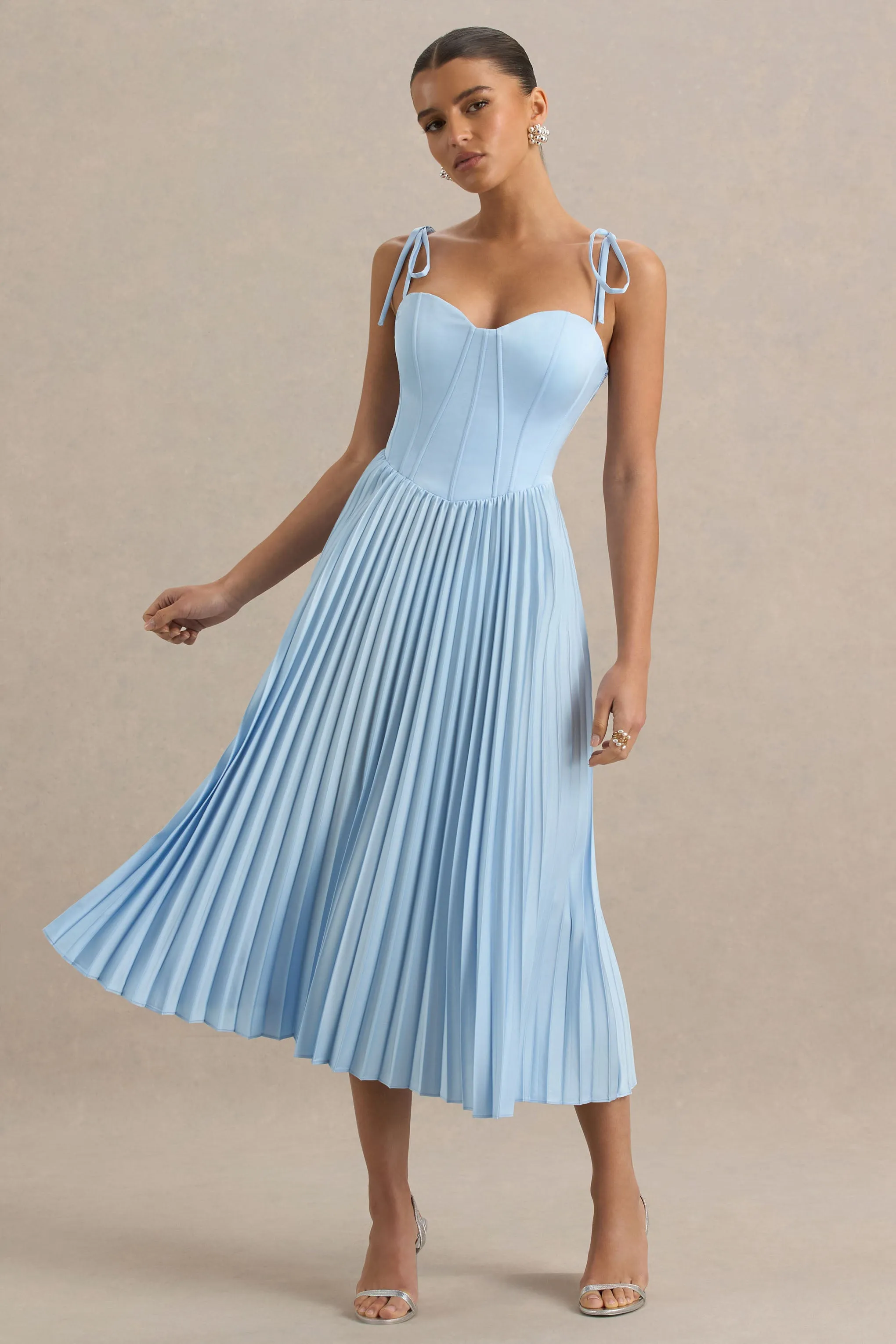 Peyton | Powder Blue Satin Sweetheart-Neck Midi Dress With Pleated Details sold by Club L London