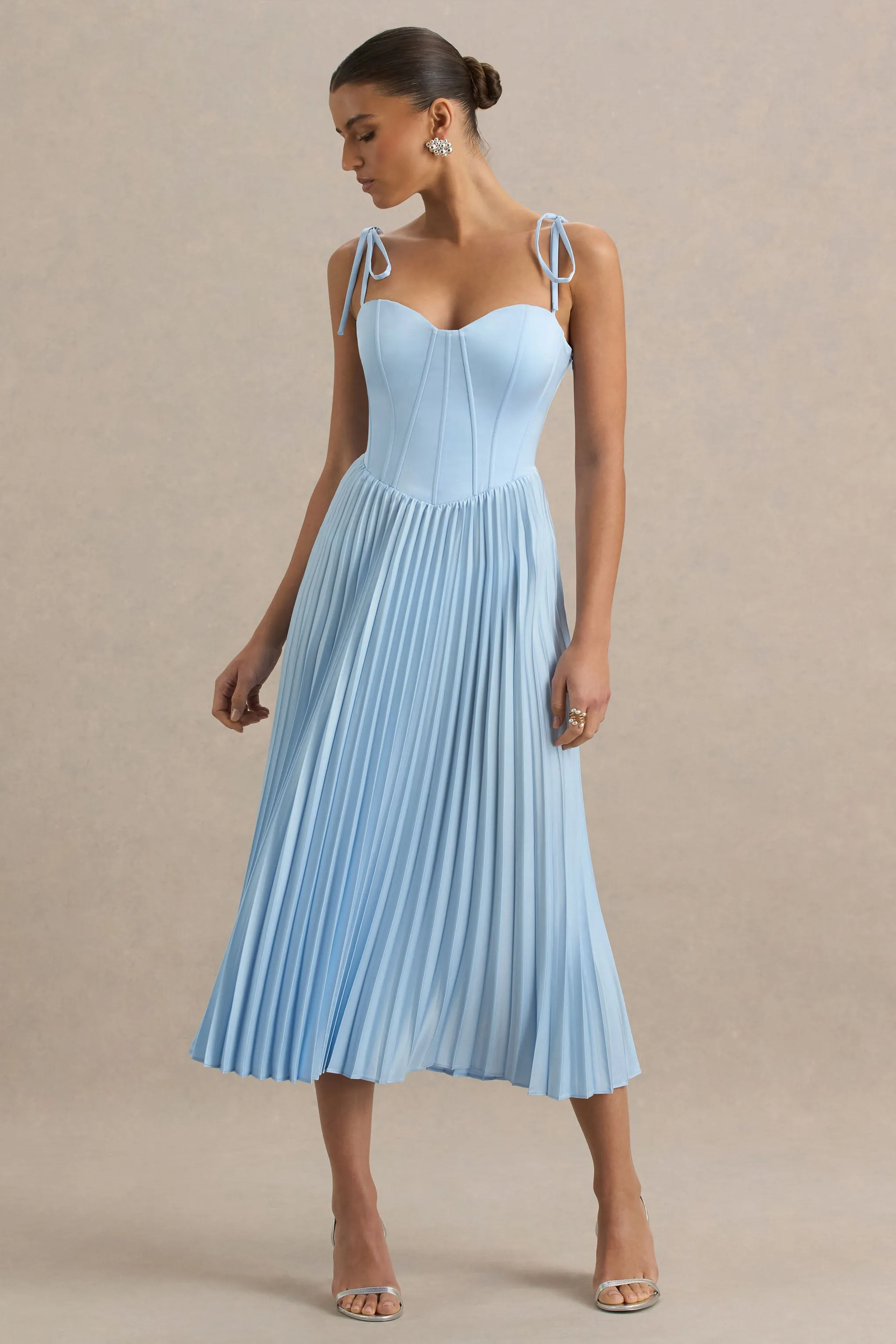 Peyton | Powder Blue Satin Sweetheart-Neck Midi Dress With Pleated Details sold by Club L London product image thumbnail 3