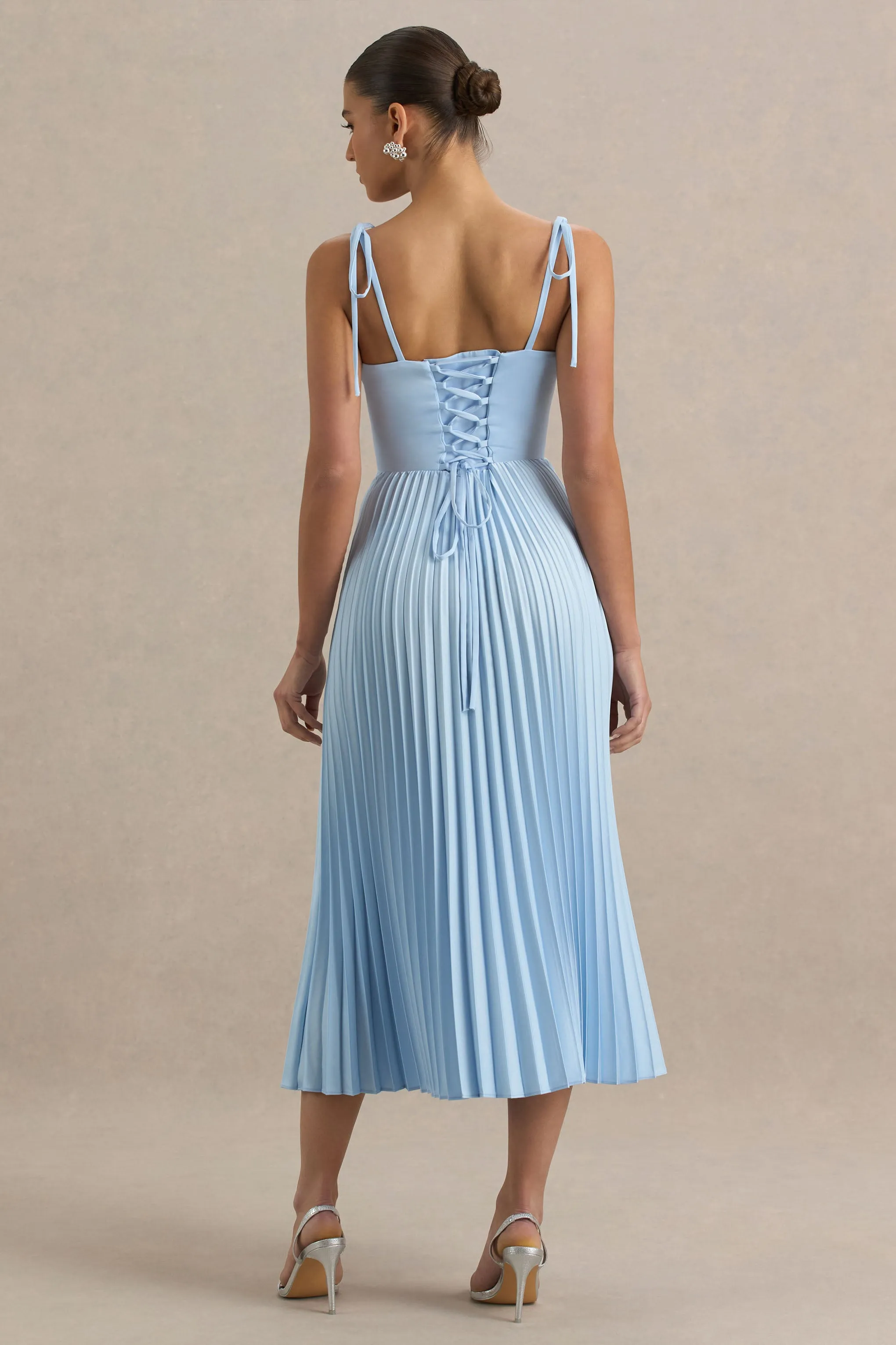 Peyton | Powder Blue Satin Sweetheart-Neck Midi Dress With Pleated Details sold by Club L London product image thumbnail 2