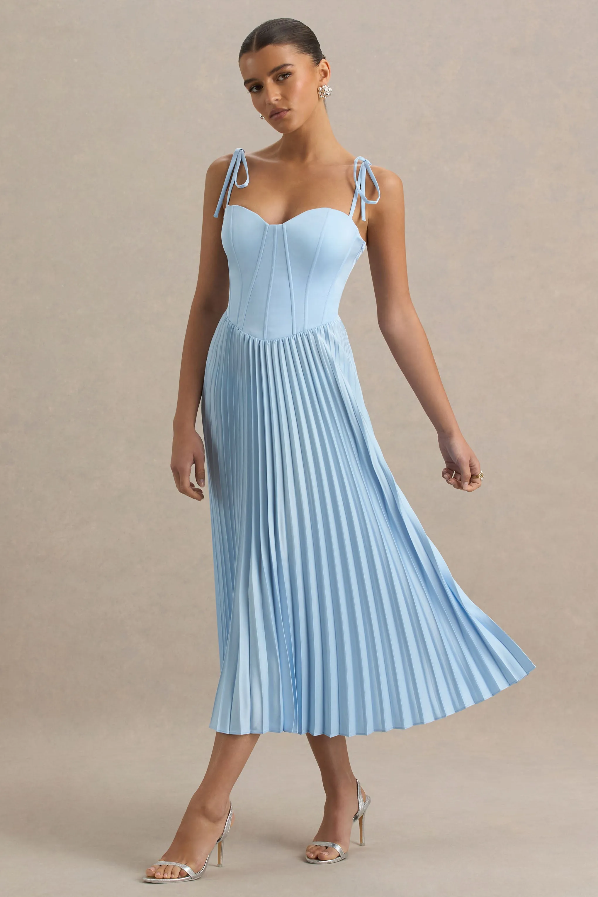 Peyton | Powder Blue Satin Sweetheart-Neck Midi Dress With Pleated Details sold by Club L London product image thumbnail 5