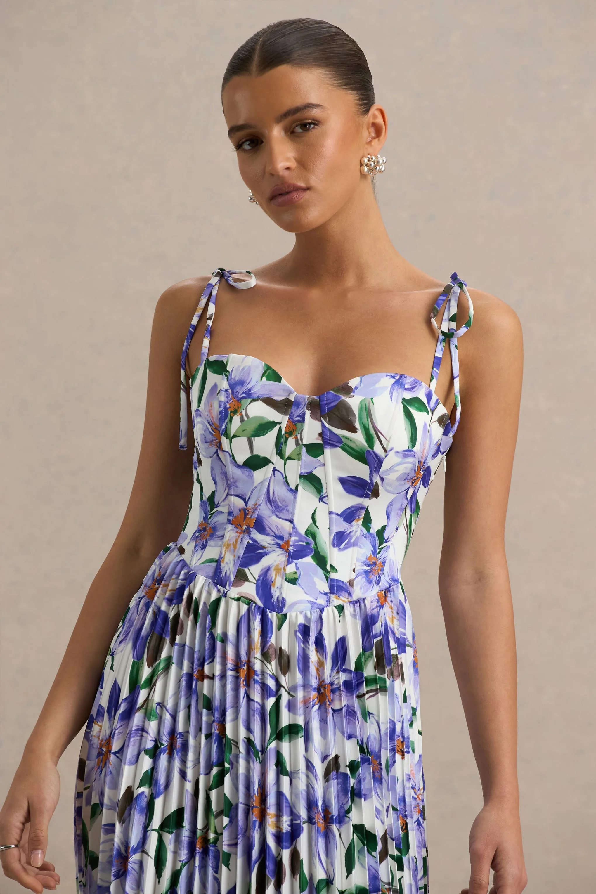 Peyton | Purple Lily Print Satin Sweetheart-Neck Midi Dress With Pleated Details sold by Club L London product image thumbnail 3