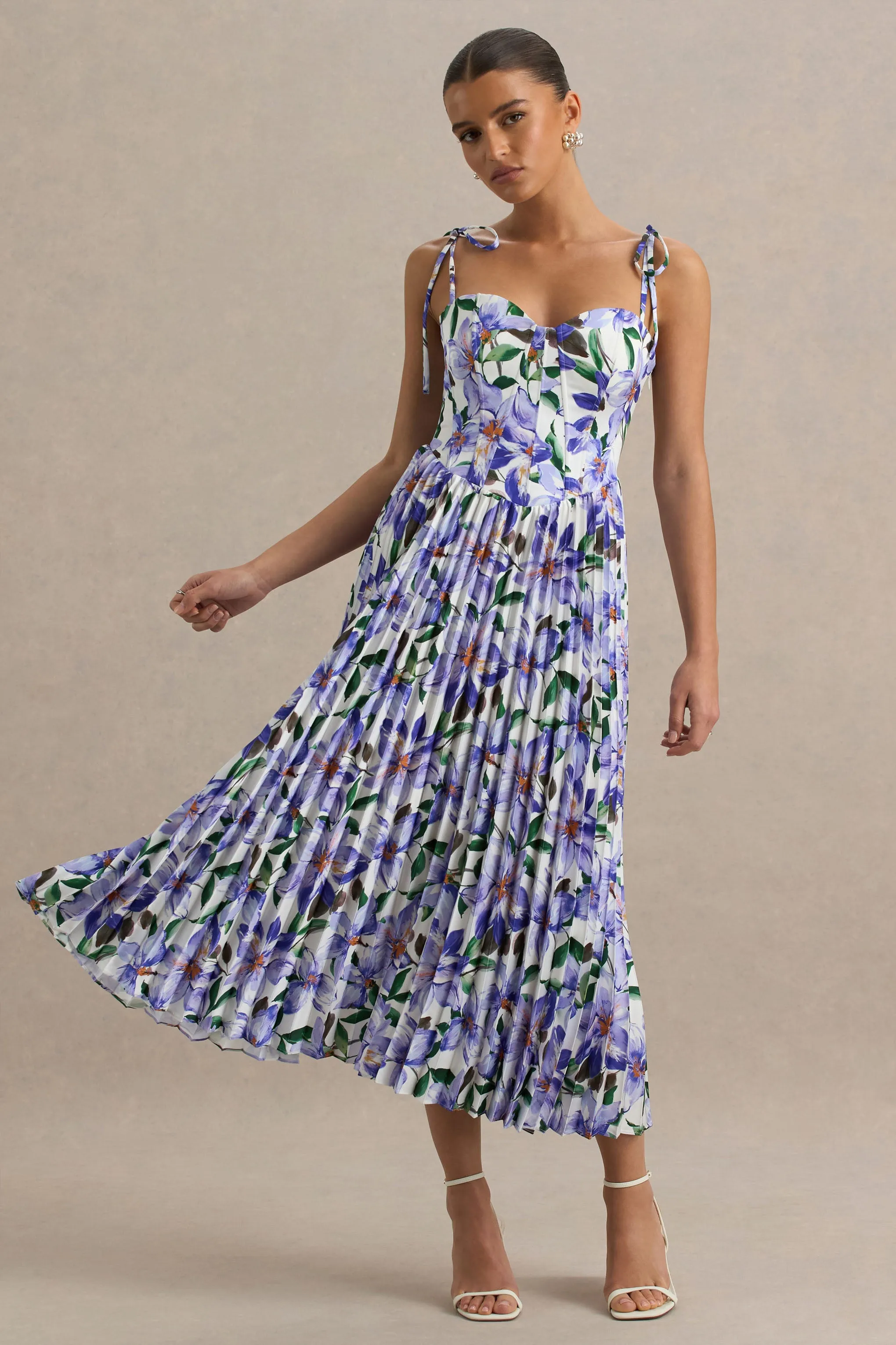 Peyton | Purple Lily Print Satin Sweetheart-Neck Midi Dress With Pleated Details sold by Club L London product image thumbnail 5