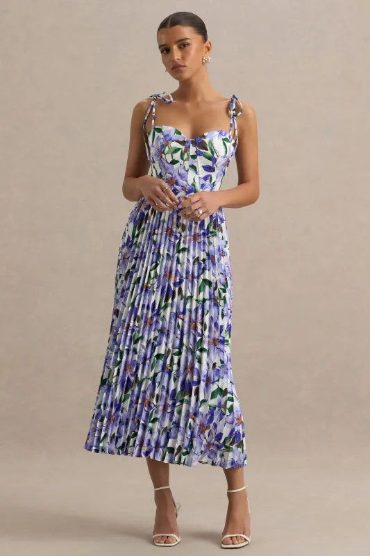 Peyton | Purple Lily Print Satin Sweetheart-Neck Midi Dress With Pleated Details sold by Club L London