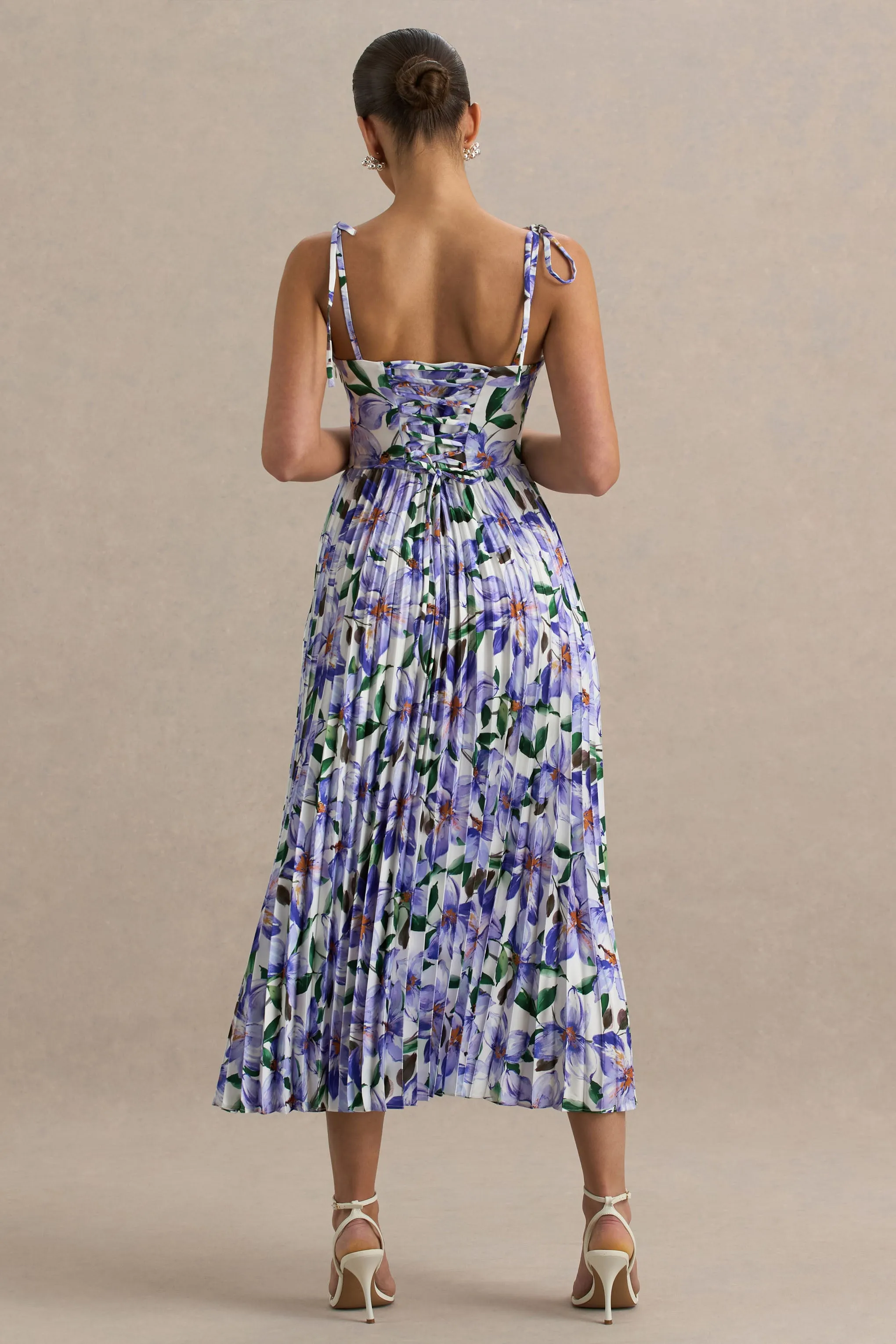 Peyton | Purple Lily Print Satin Sweetheart-Neck Midi Dress With Pleated Details sold by Club L London product image thumbnail 2