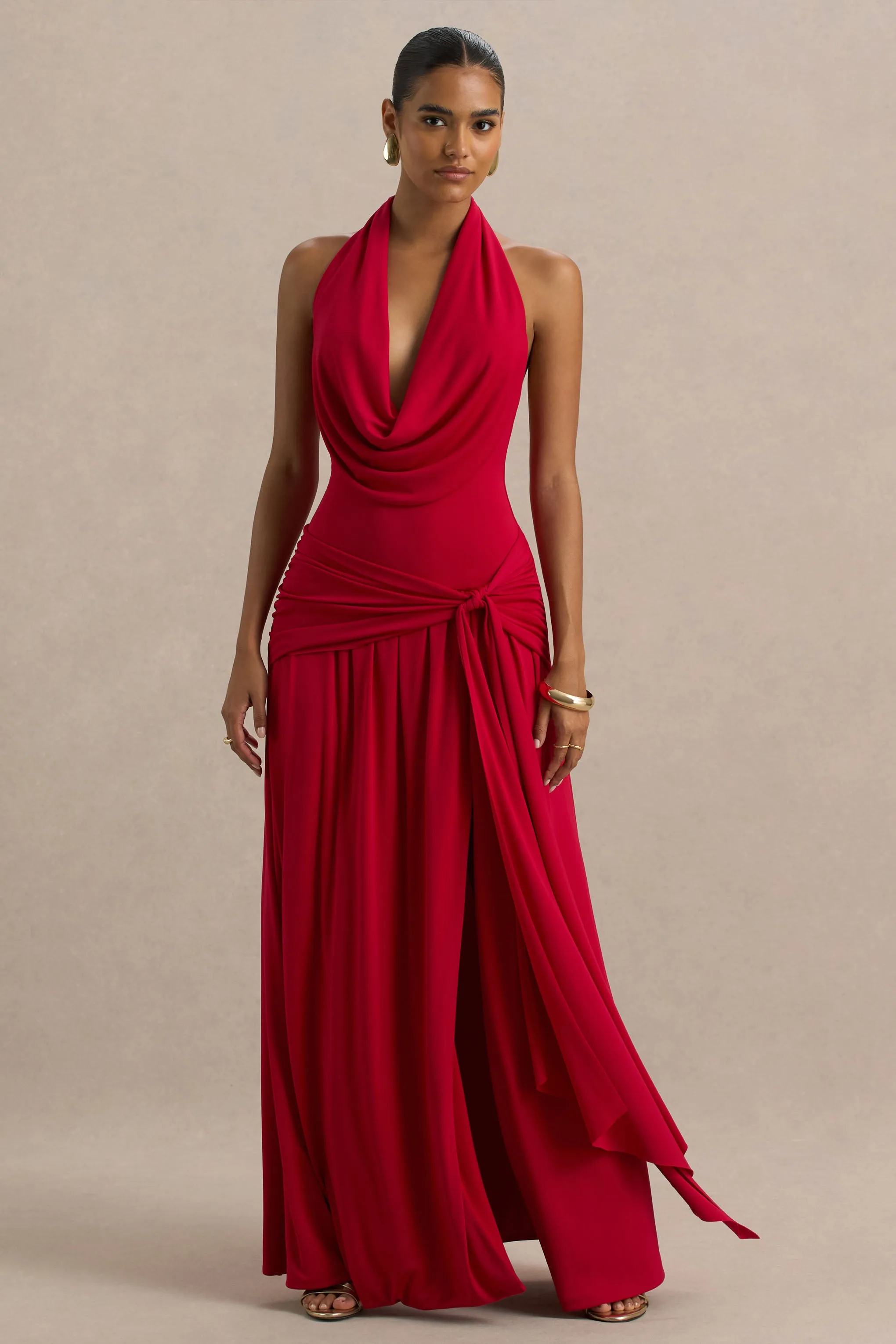 Mist | Red Plunge-Neck Maxi Dress With Sash Detail And Front High Split sold by Club L London product image thumbnail 3