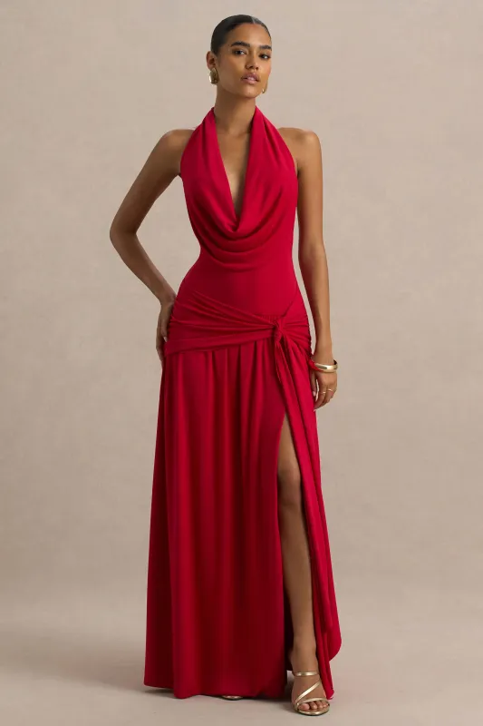 Mist | Red Plunge-Neck Maxi Dress With Sash Detail And Front High Split sold by Club L London