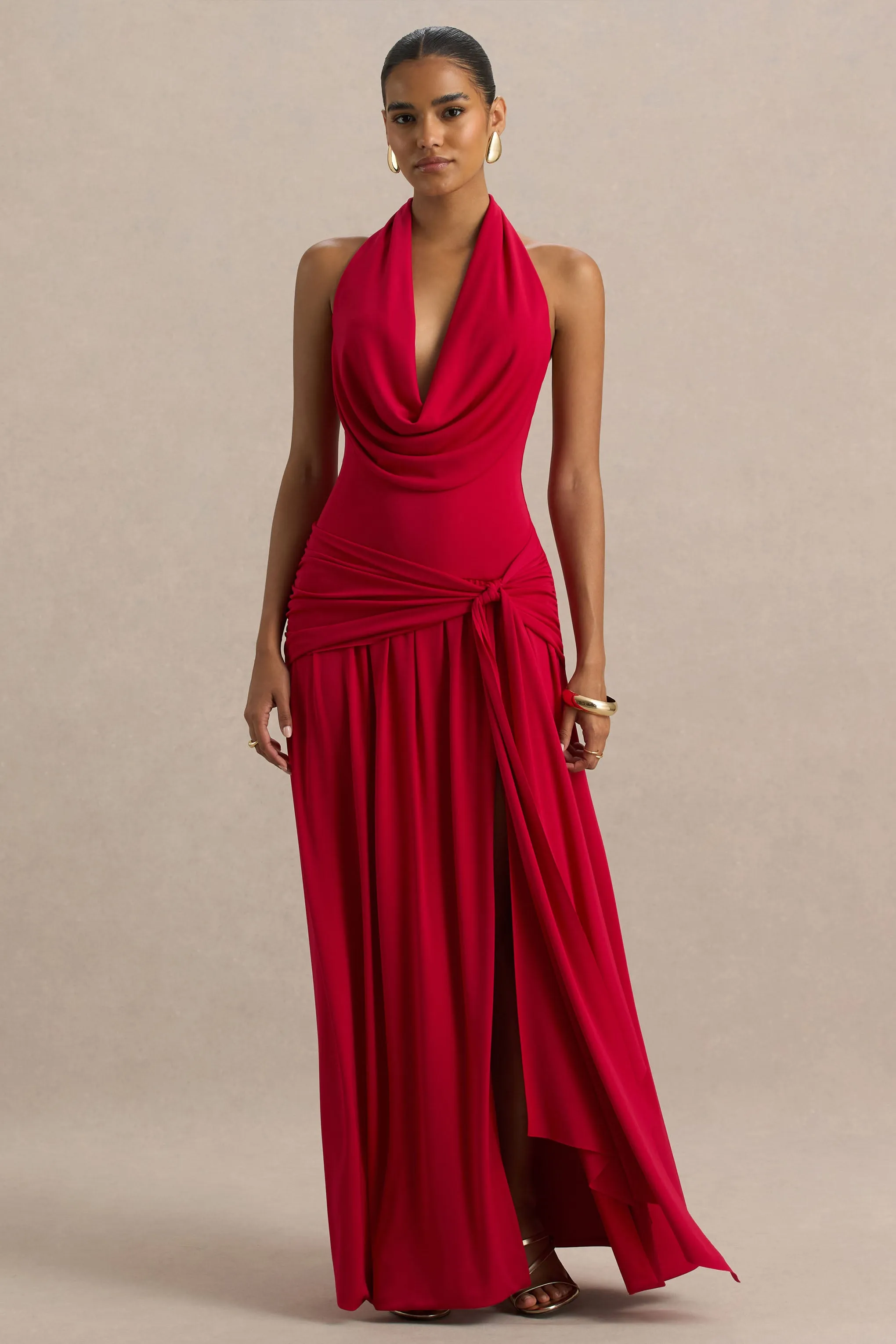 Mist | Red Plunge-Neck Maxi Dress With Sash Detail And Front High Split sold by Club L London product image thumbnail 4