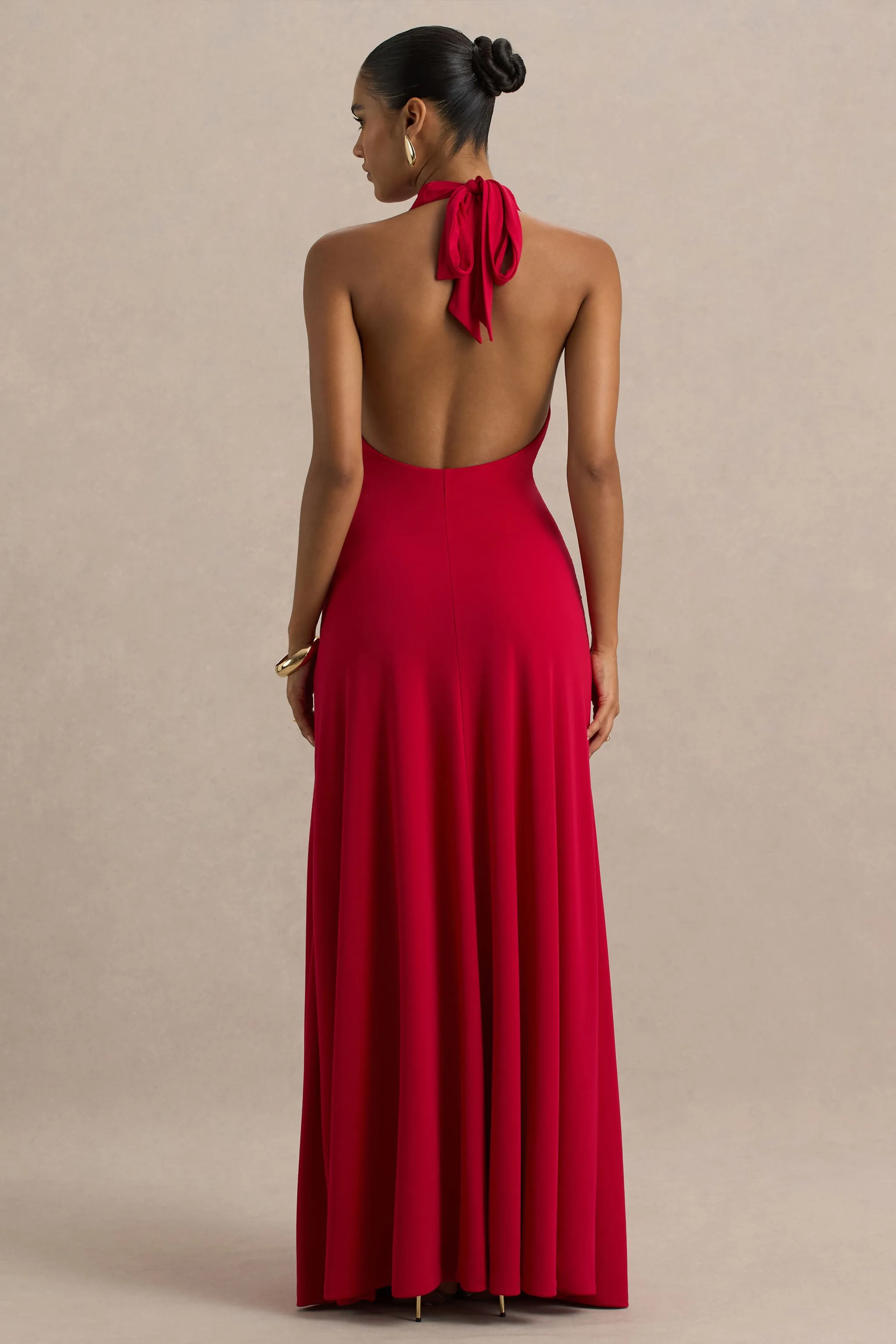 Mist | Red Plunge-Neck Maxi Dress With Sash Detail And Front High Split sold by Club L London product image thumbnail 2