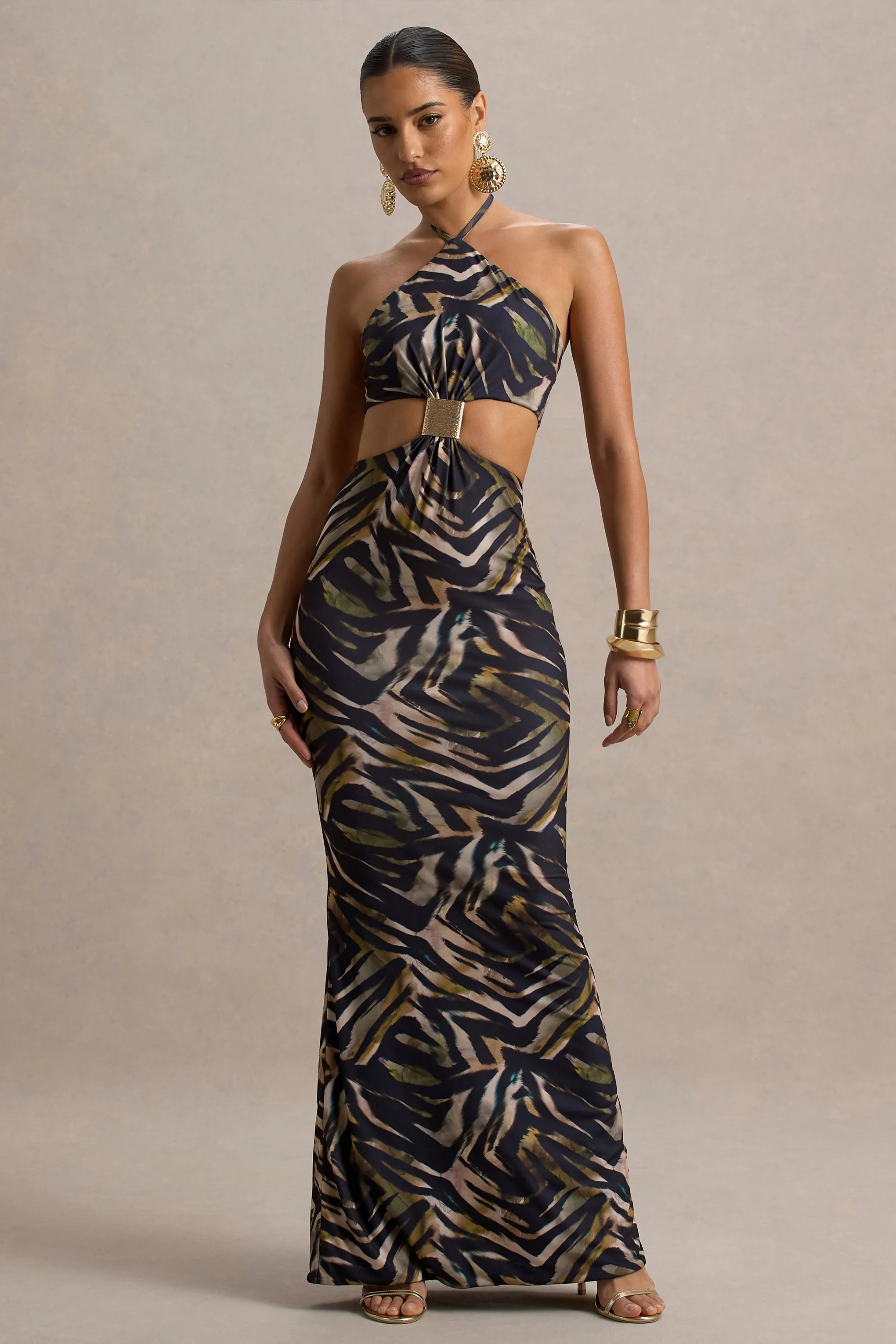 Olina | Zebra Print Halter-Neck Cut-Out Maxi Dress sold by Club L London product image thumbnail 5