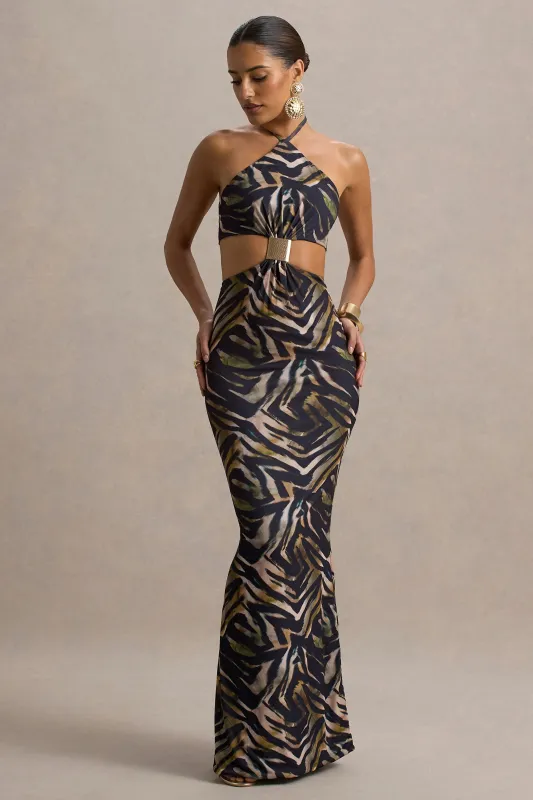 Olina | Zebra Print Halter-Neck Cut-Out Maxi Dress sold by Club L London
