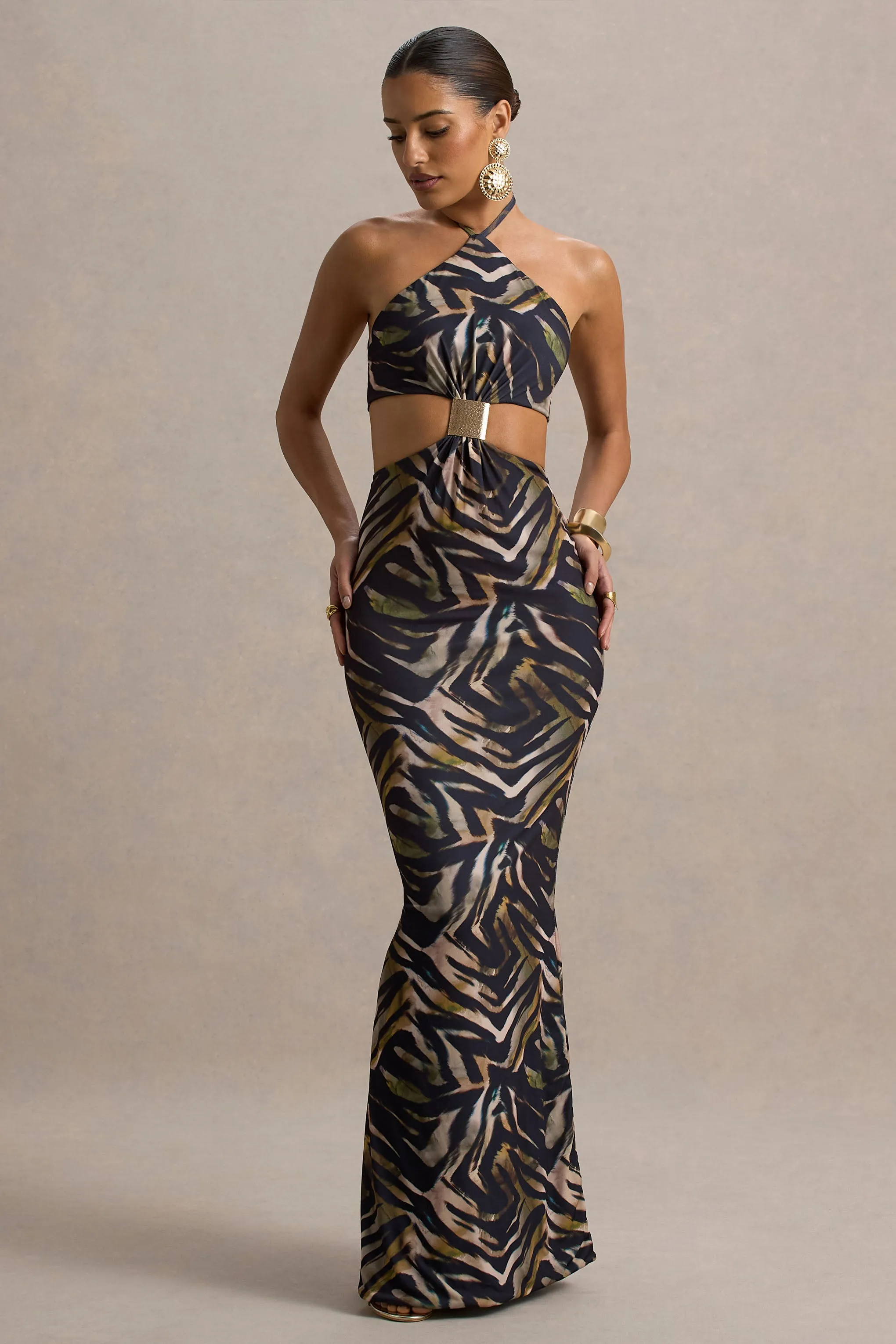 Olina | Zebra Print Halter-Neck Cut-Out Maxi Dress sold by Club L London