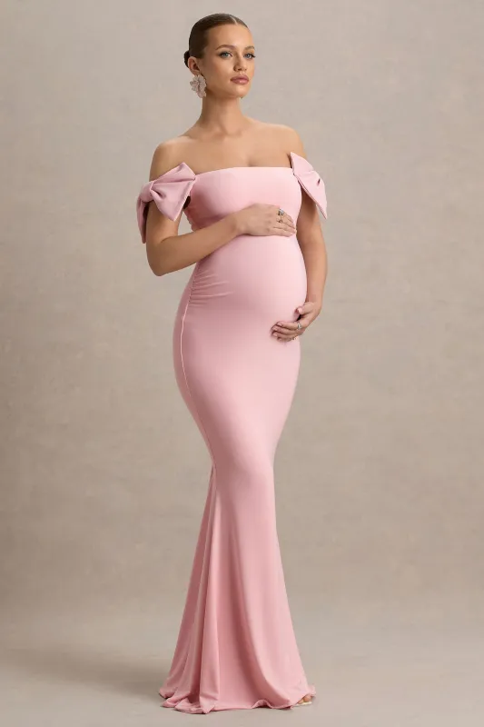 Didi | Pink Bardot Bow Detail Maternity Maxi Dress sold by Club L London