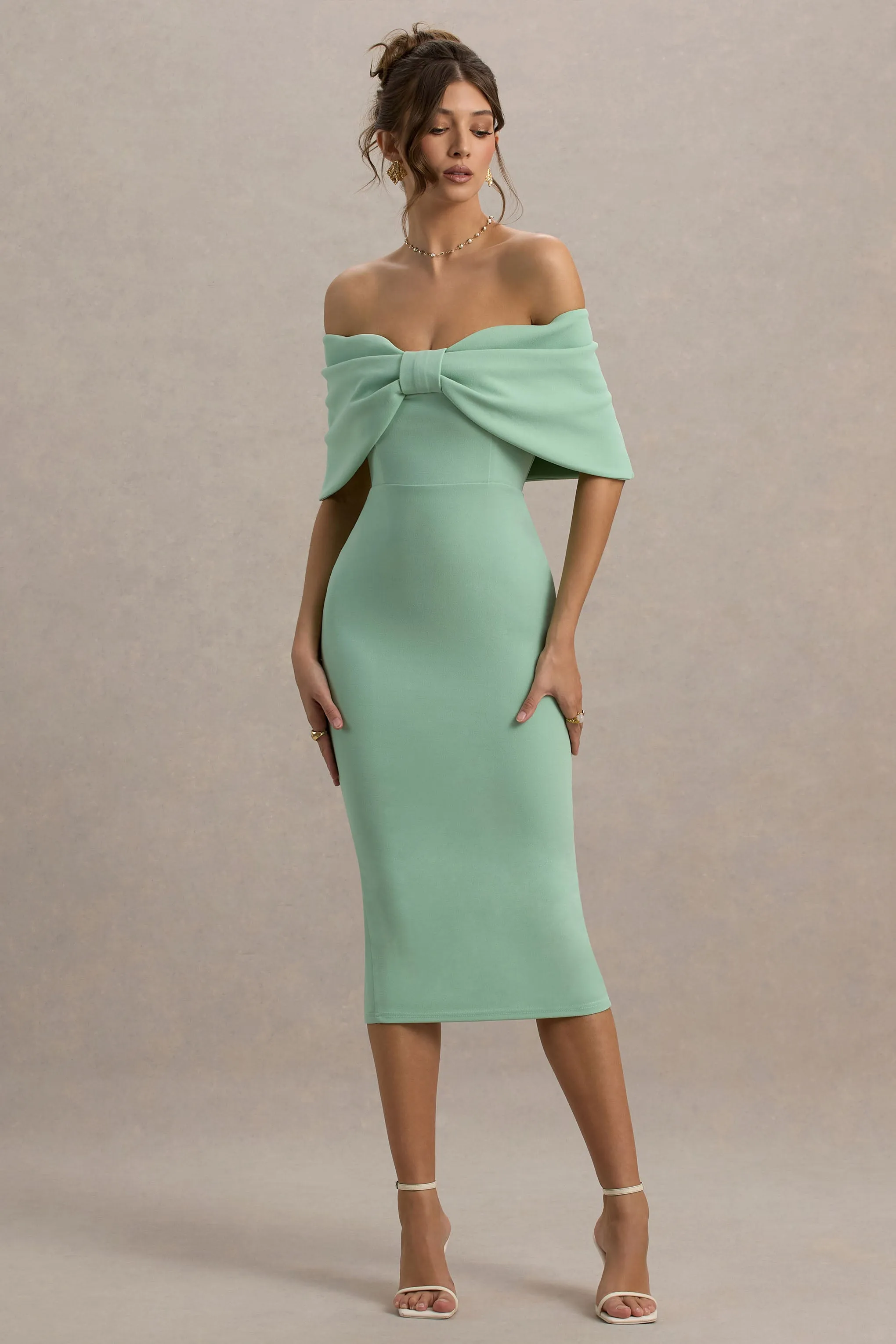 Bayshore | Light Green Bow Bardot Midi Dress sold by Club L London product image thumbnail 5