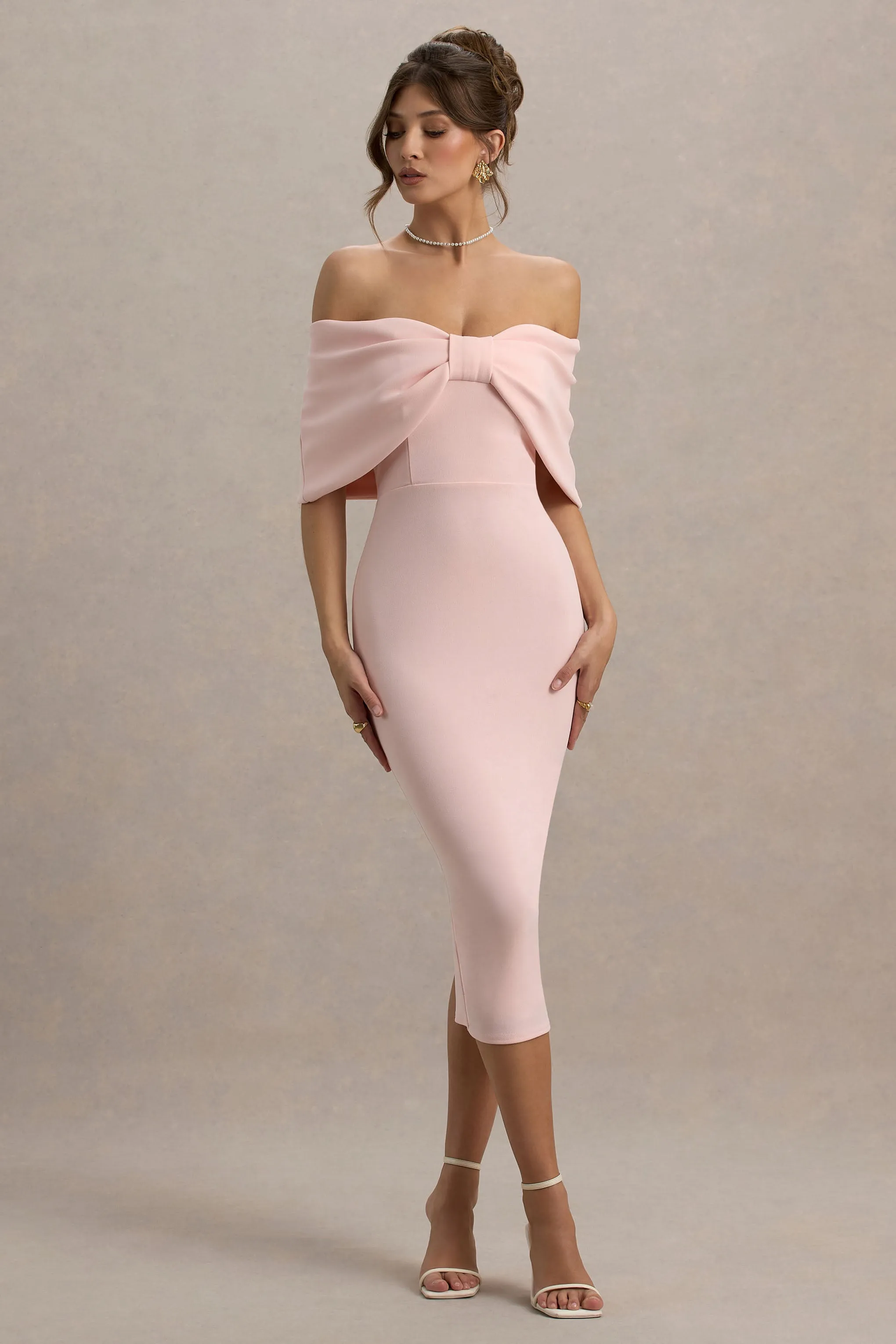Bayshore | Pink Bow Bardot Midi Dress sold by Club L London