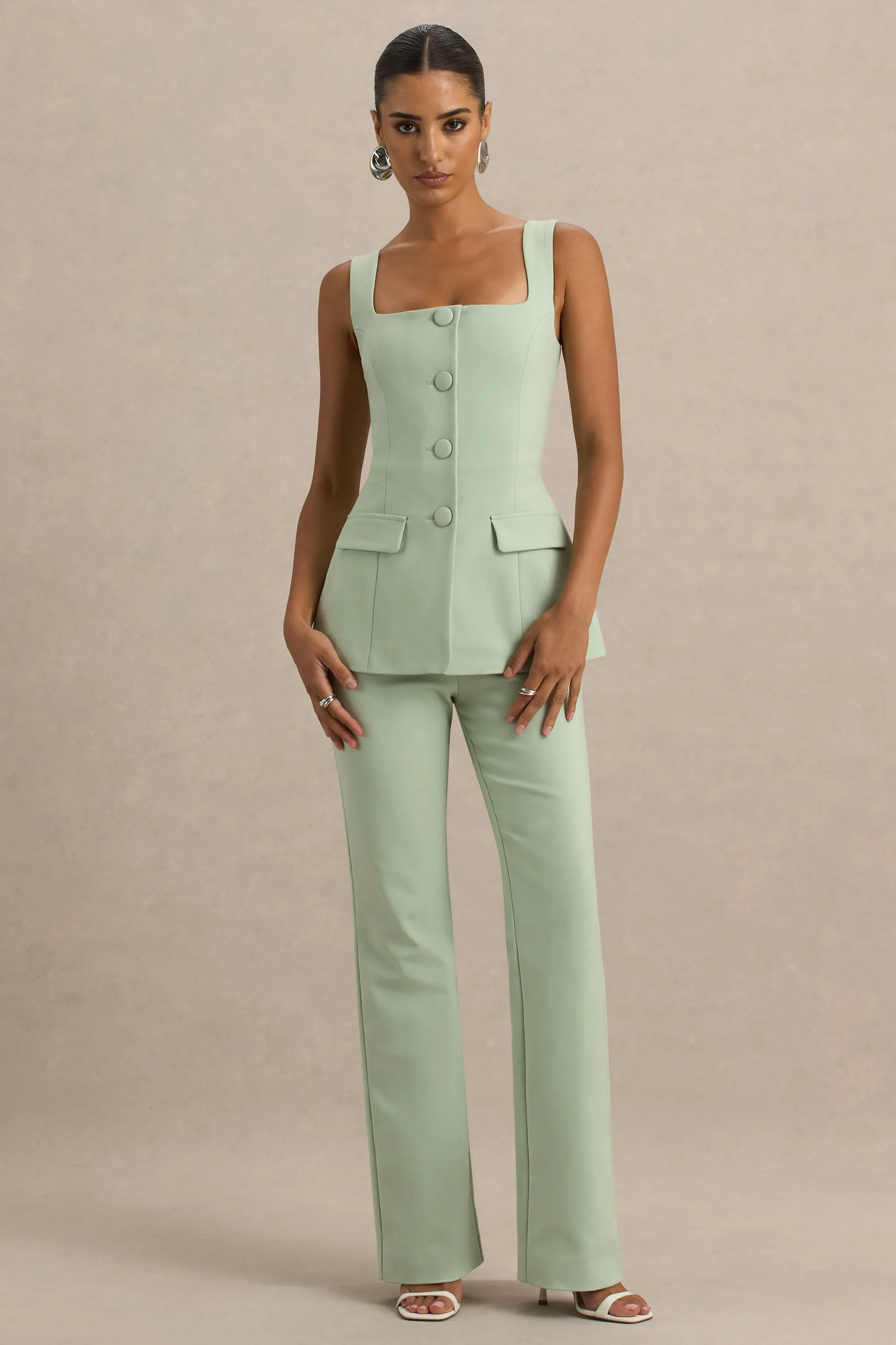Aceline | Light Green Square-Neck Tailored Jumpsuit sold by Club L London
