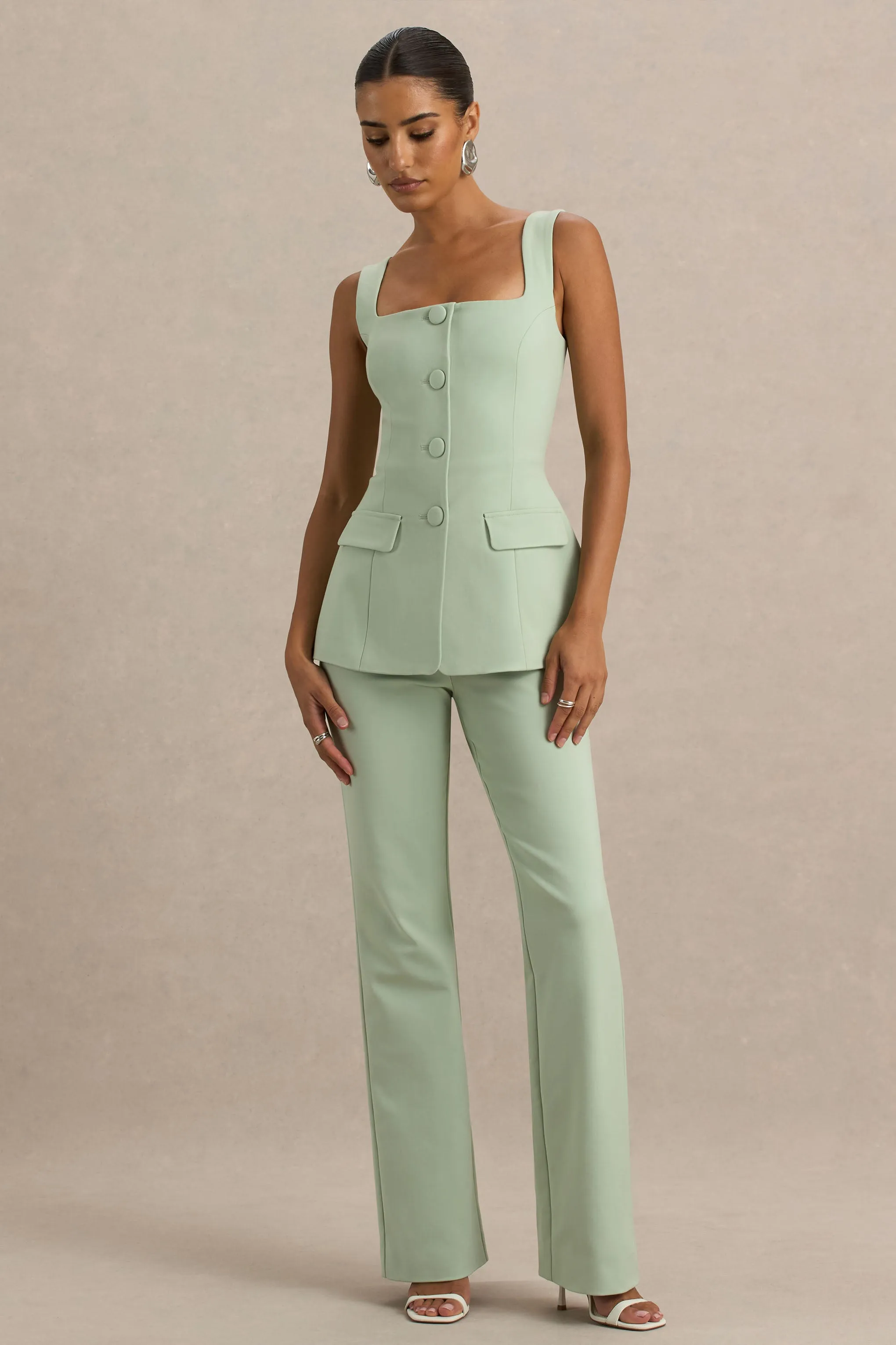 Aceline | Light Green Square-Neck Tailored Jumpsuit sold by Club L London product image thumbnail 3
