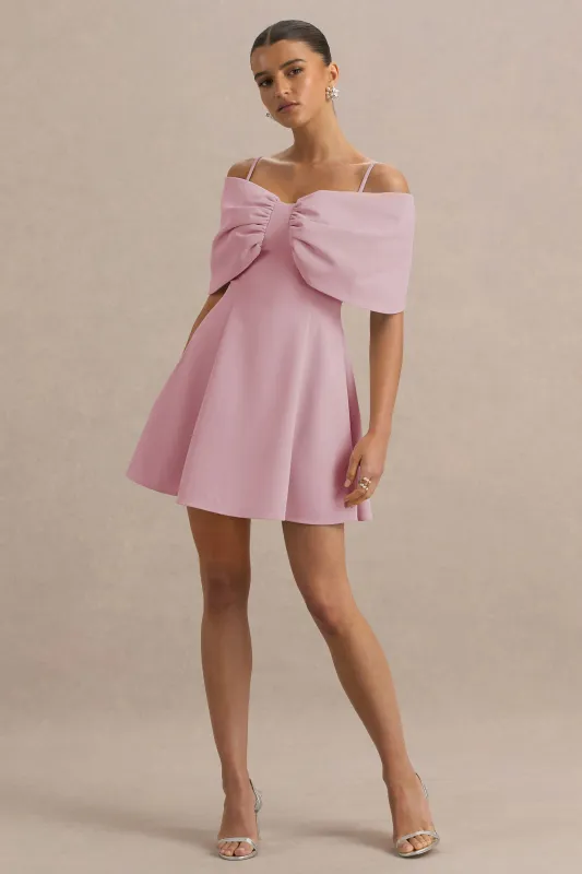 Faria | Blush Pink Short-Sleeve Bardot Mini Dress With Bow Detail made by Club L London